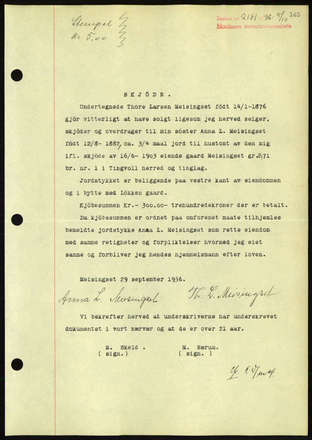 Nordmøre sorenskriveri, AV/SAT-A-4132/1/2/2Ca: Mortgage book no. A80, 1936-1937, Diary no: : 2181/1936