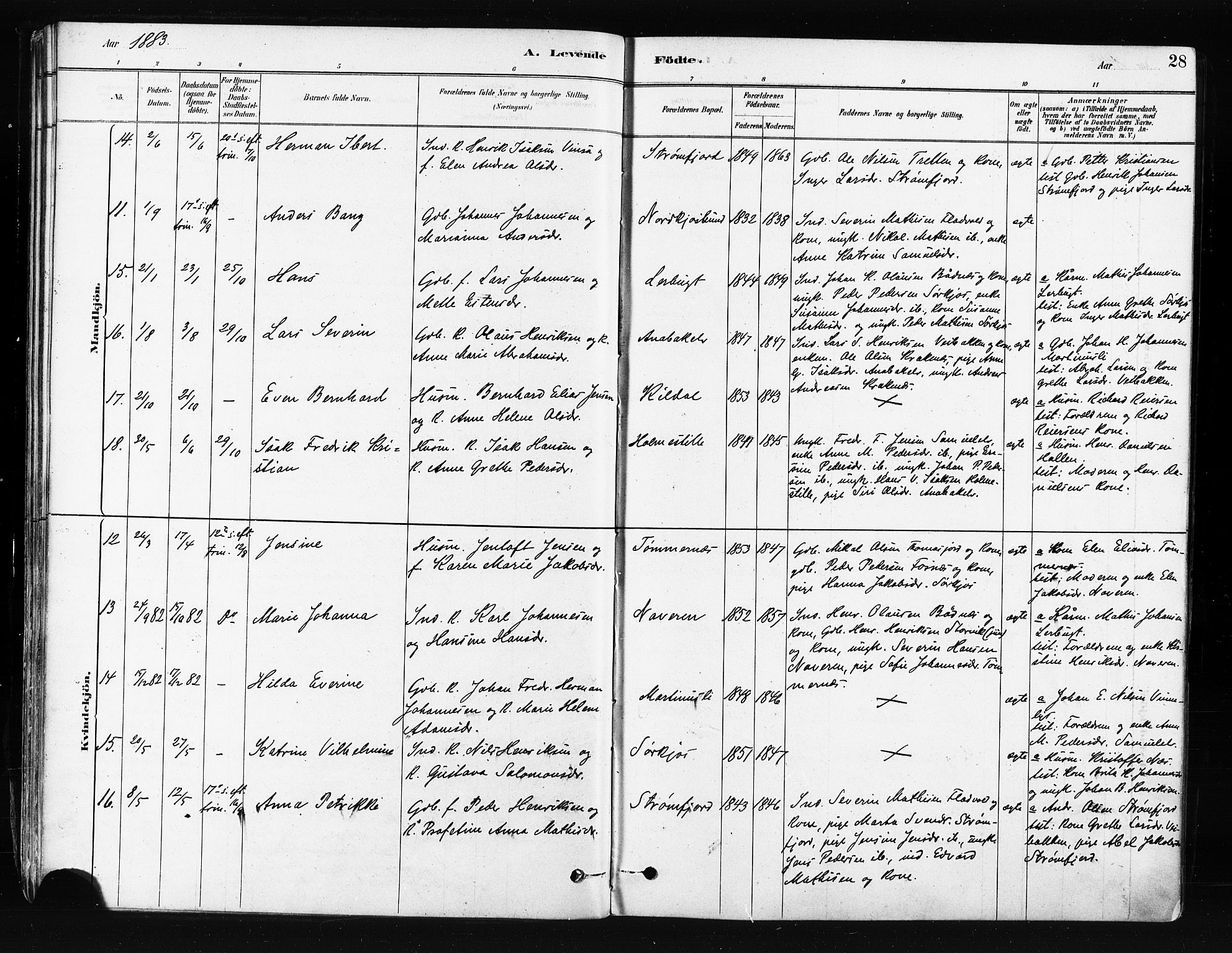 Skjervøy sokneprestkontor, AV/SATØ-S-1300/H/Ha/Haa/L0014kirke: Parish register (official) no. 14, 1878-1894, p. 28