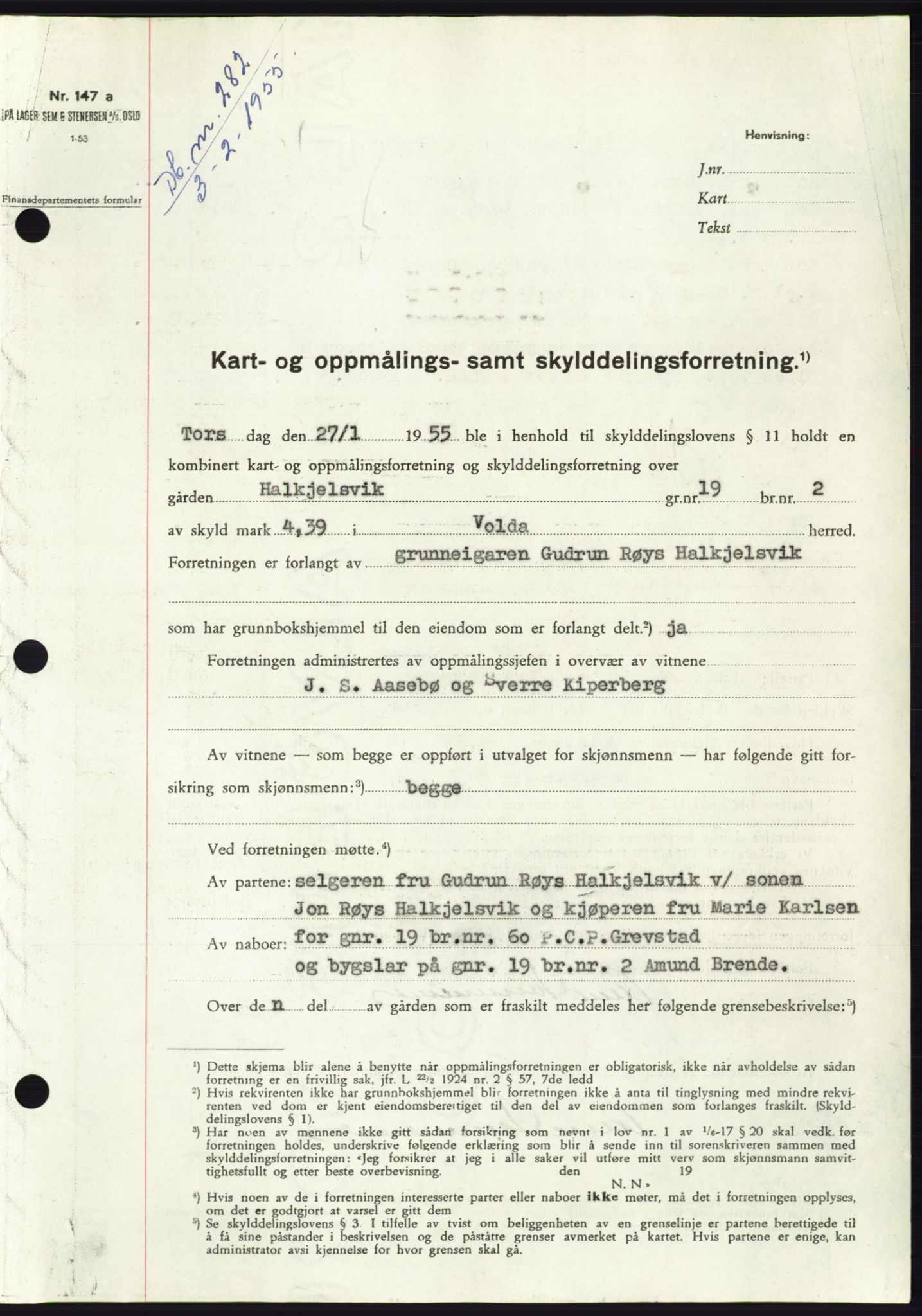 Søre Sunnmøre sorenskriveri, AV/SAT-A-4122/1/2/2C/L0100: Mortgage book no. 26A, 1954-1955, Diary no: : 282/1955