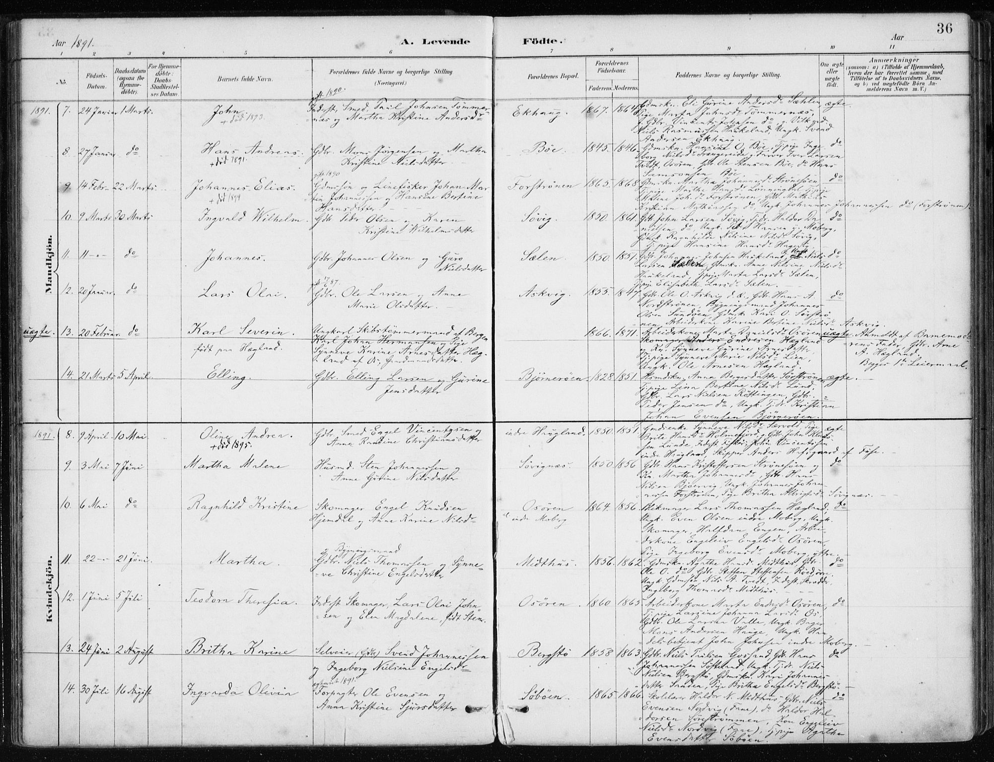 Os sokneprestembete, SAB/A-99929: Parish register (official) no. B 1, 1885-1902, p. 36