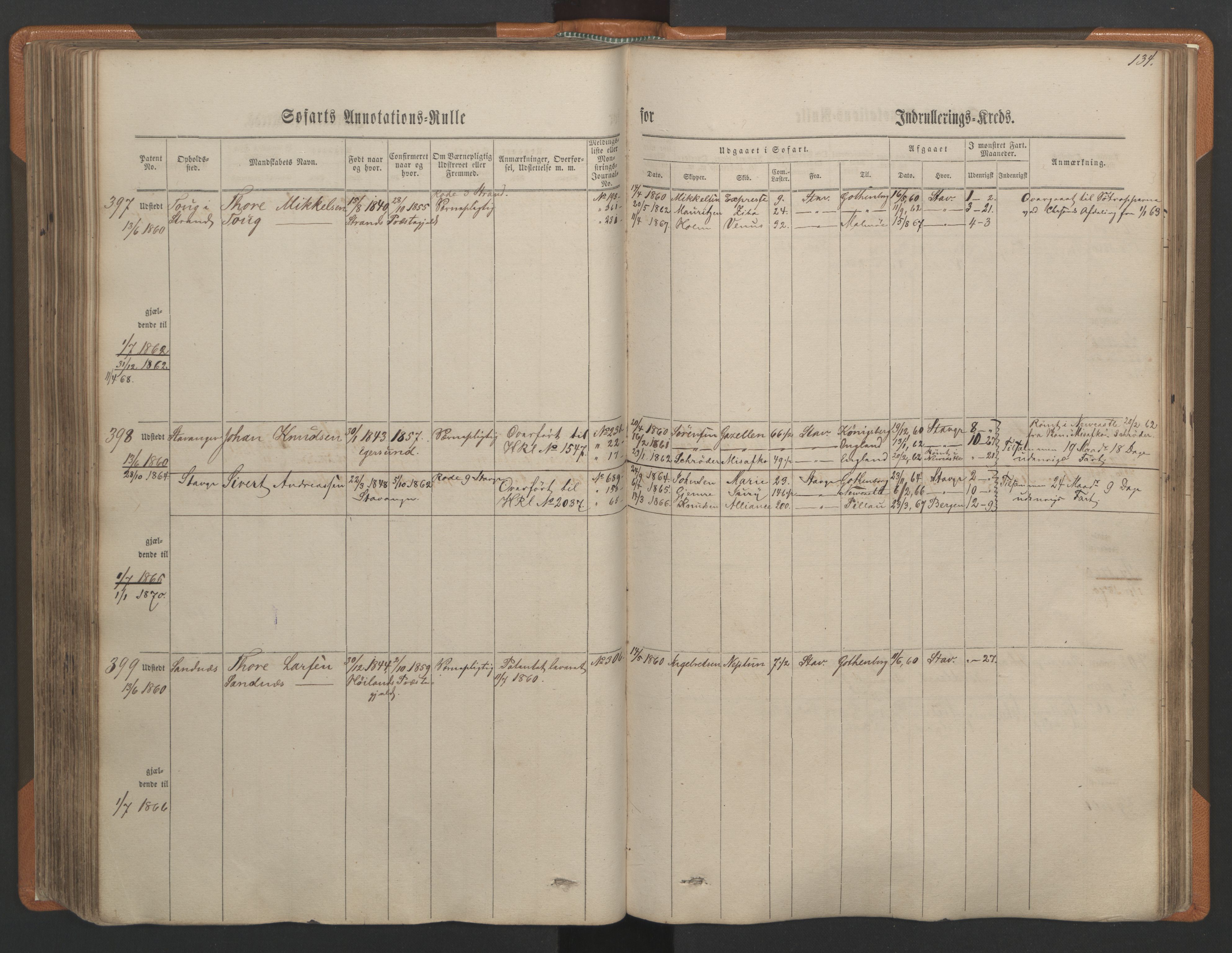 Stavanger sjømannskontor, SAST/A-102006/F/Ff/L0001: Annotasjonsrulle, patentnr. 1-597 (del 1), 1860-1864, p. 143