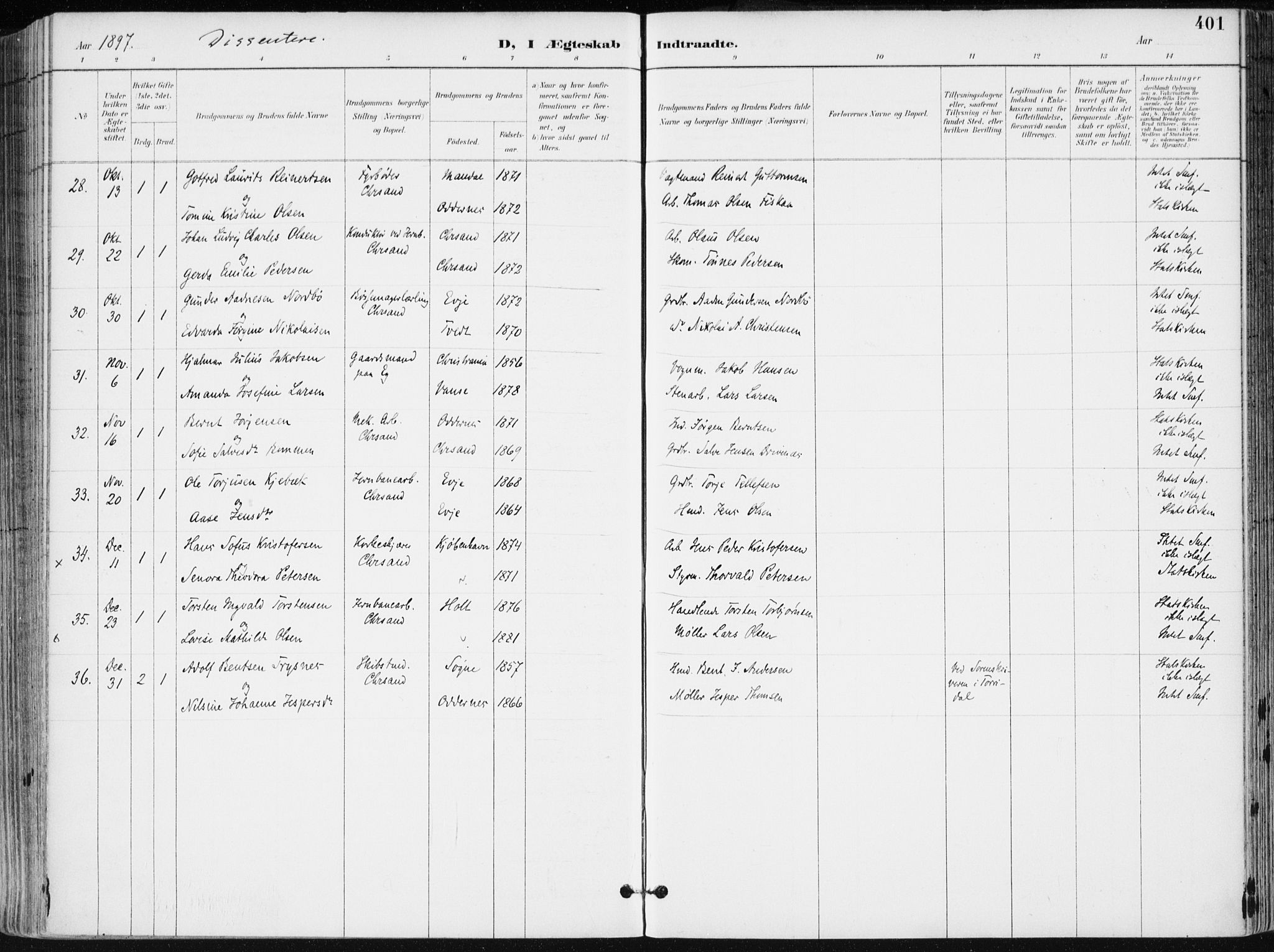 Kristiansand domprosti, AV/SAK-1112-0006/F/Fa/L0019: Parish register (official) no. A 18, 1890-1897, p. 401