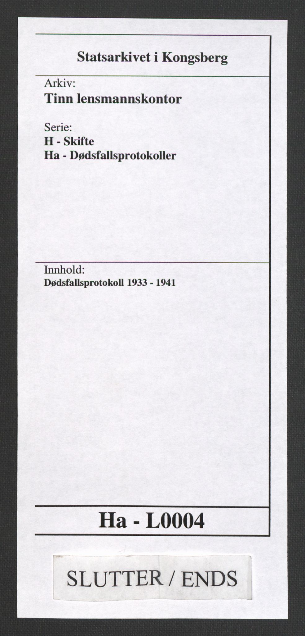 Tinn lensmannskontor, SAKO/A-576/H/Ha/L0004: Dødsfallsprotokoll, 1933-1941