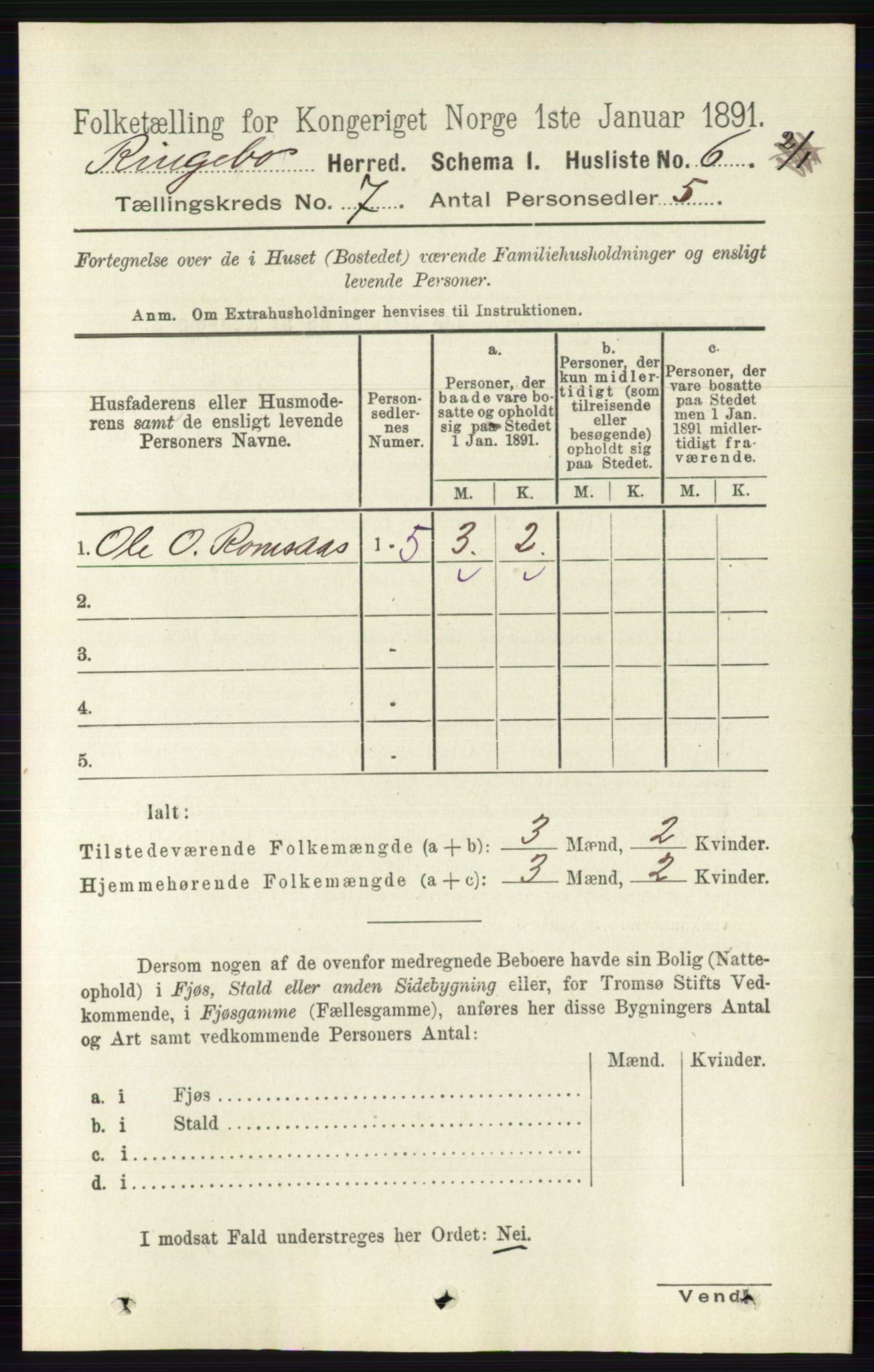 RA, 1891 census for 0520 Ringebu, 1891, p. 2929