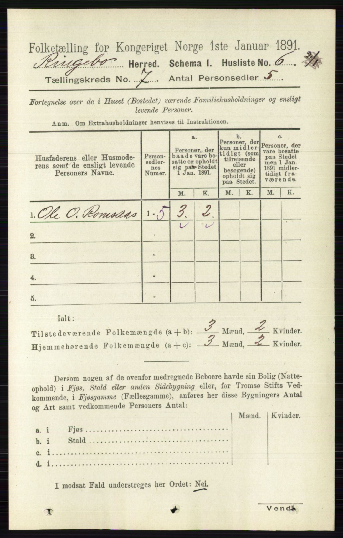 RA, 1891 census for 0520 Ringebu, 1891, p. 2929