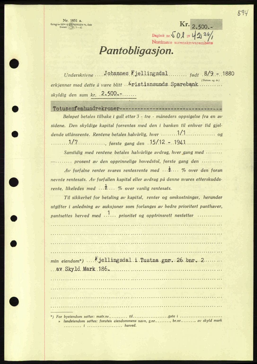 Nordmøre sorenskriveri, SAT/A-4132/1/2/2Ca: Mortgage book no. B88, 1941-1942, Diary no: : 501/1942