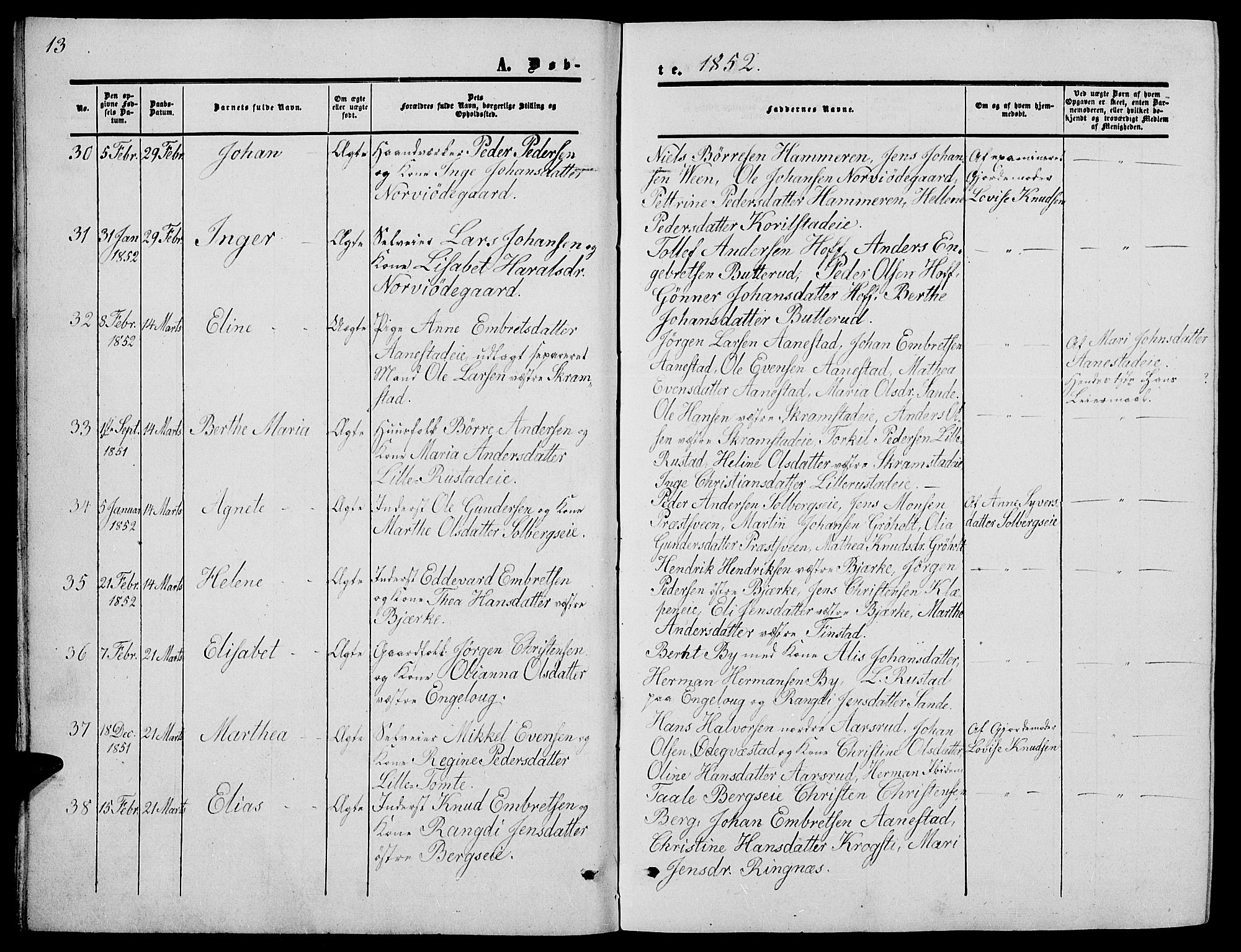Løten prestekontor, SAH/PREST-022/L/La/L0003: Parish register (copy) no. 3, 1850-1862, p. 13