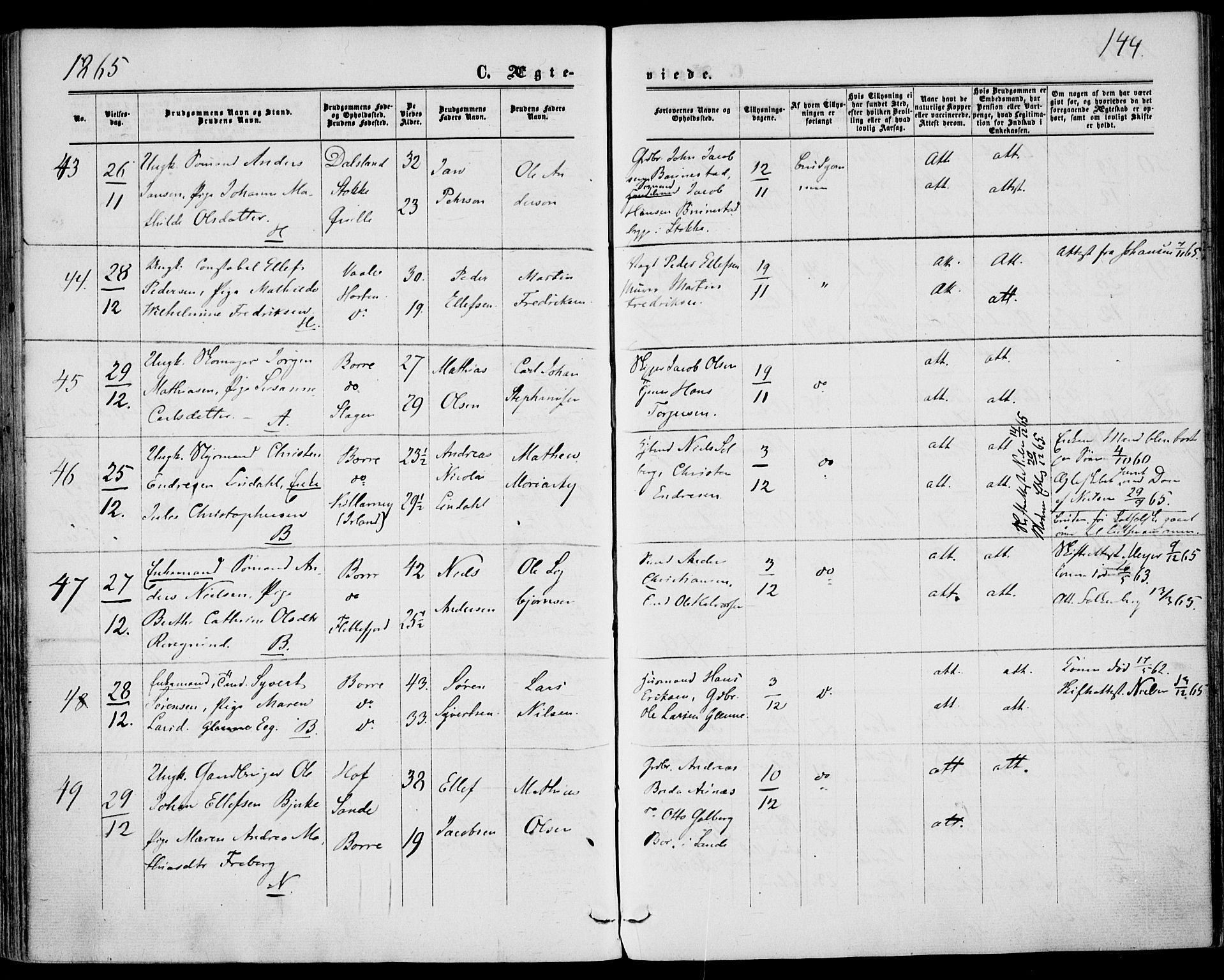 Borre kirkebøker, AV/SAKO-A-338/F/Fa/L0007: Parish register (official) no. I 7, 1862-1867, p. 144