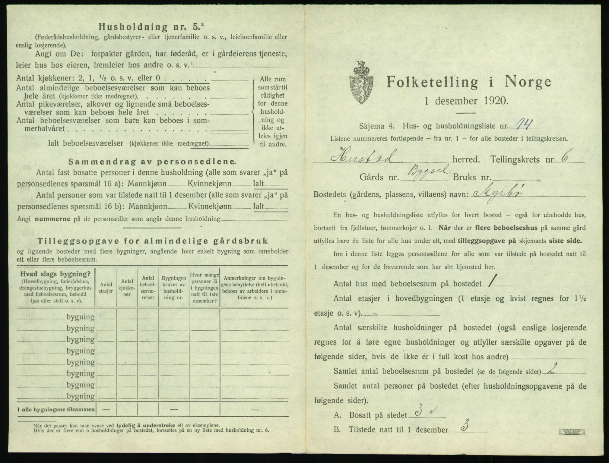 SAT, 1920 census for Hustad, 1920, p. 633