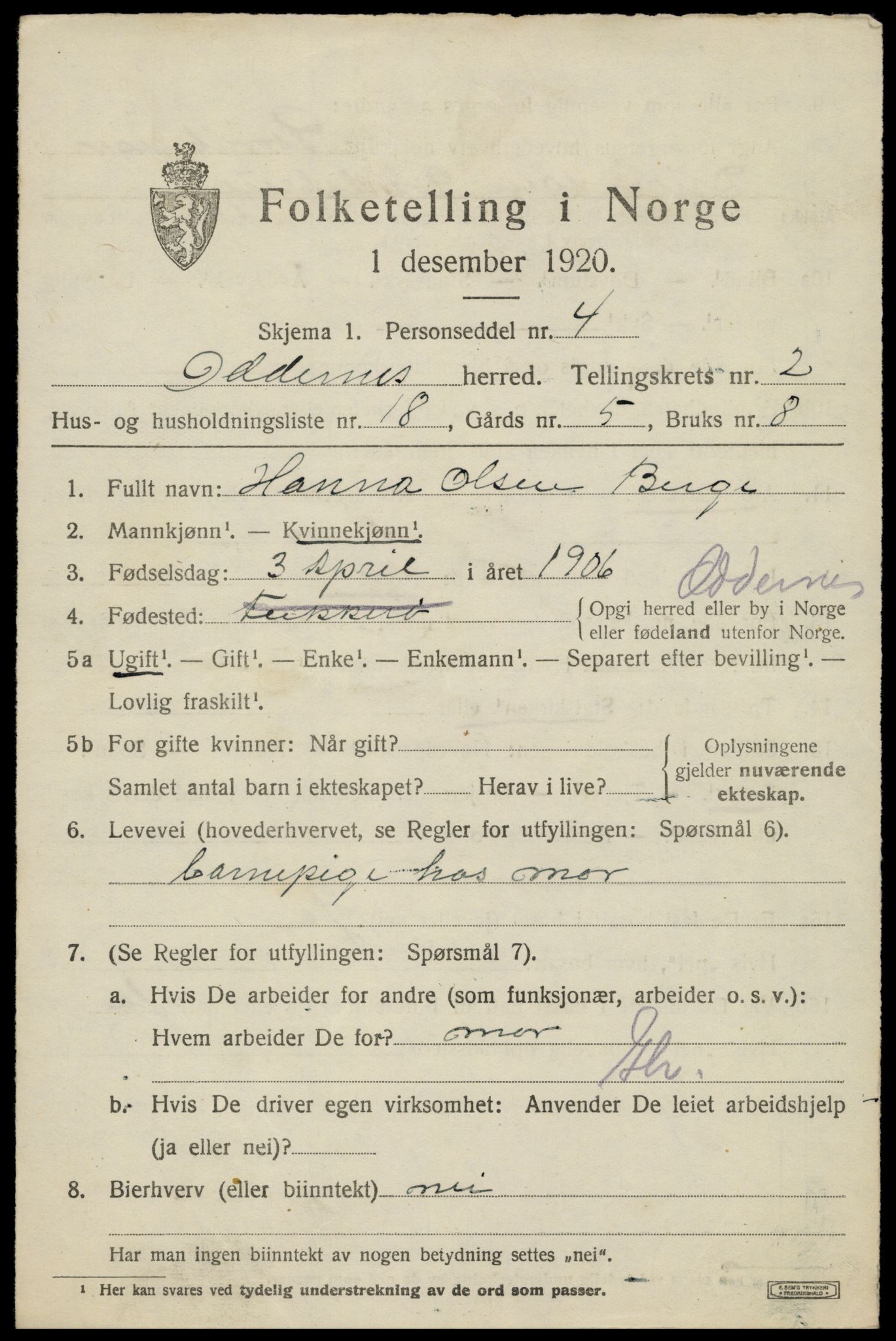 SAK, 1920 census for Oddernes, 1920, p. 3025