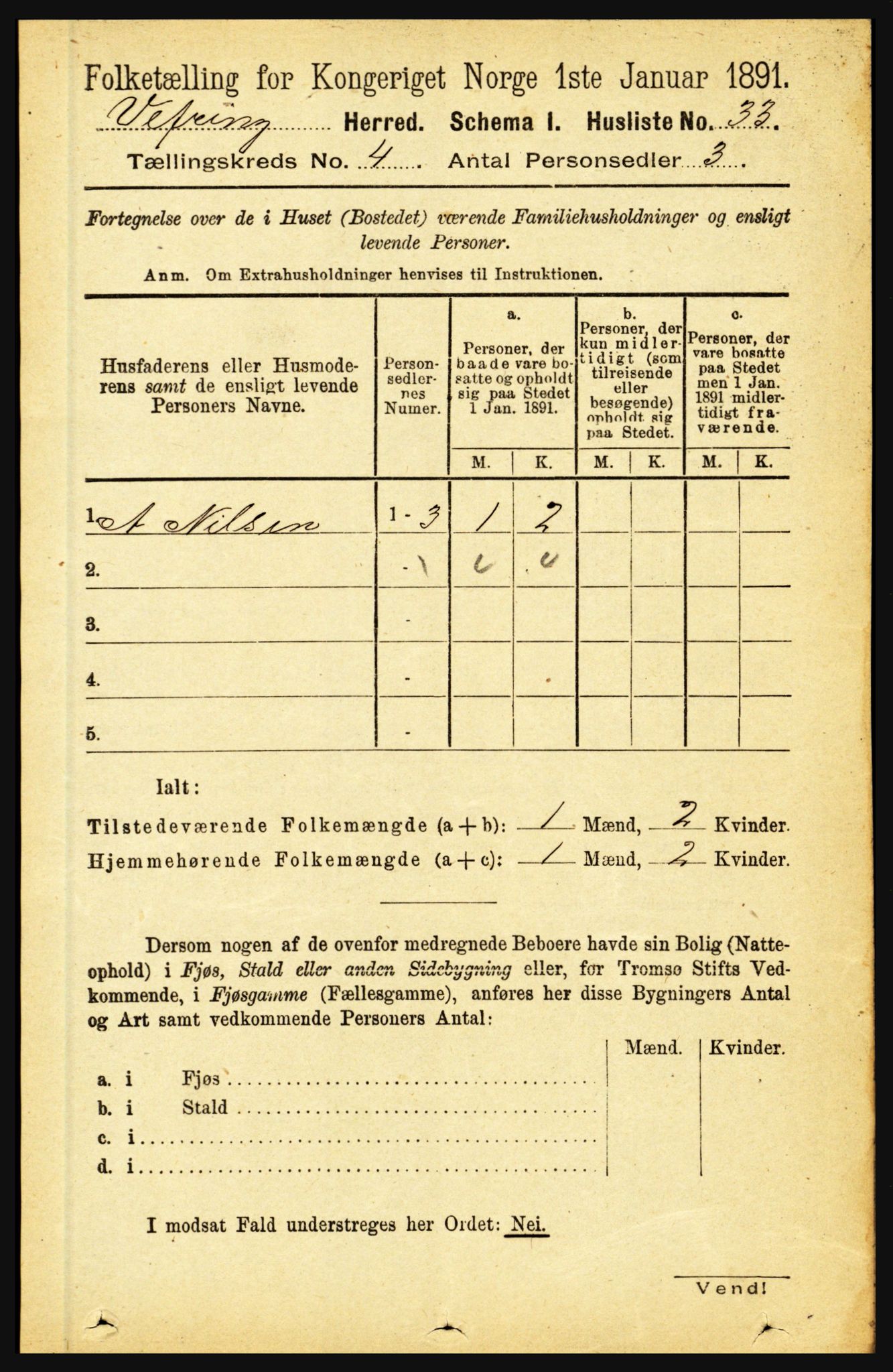 RA, 1891 census for 1434 Vevring, 1891, p. 1181