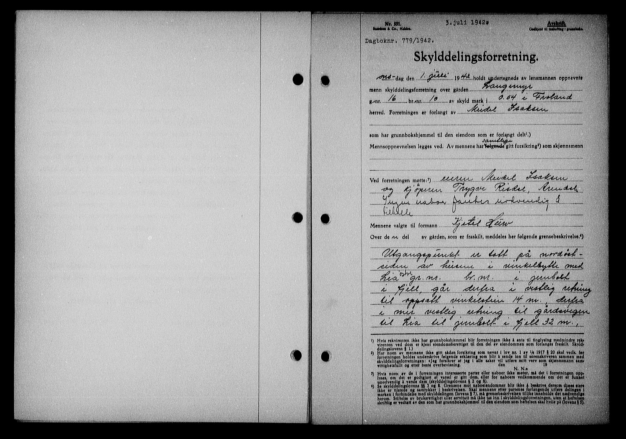 Nedenes sorenskriveri, SAK/1221-0006/G/Gb/Gba/L0049: Mortgage book no. A-III, 1941-1942, Diary no: : 779/1942