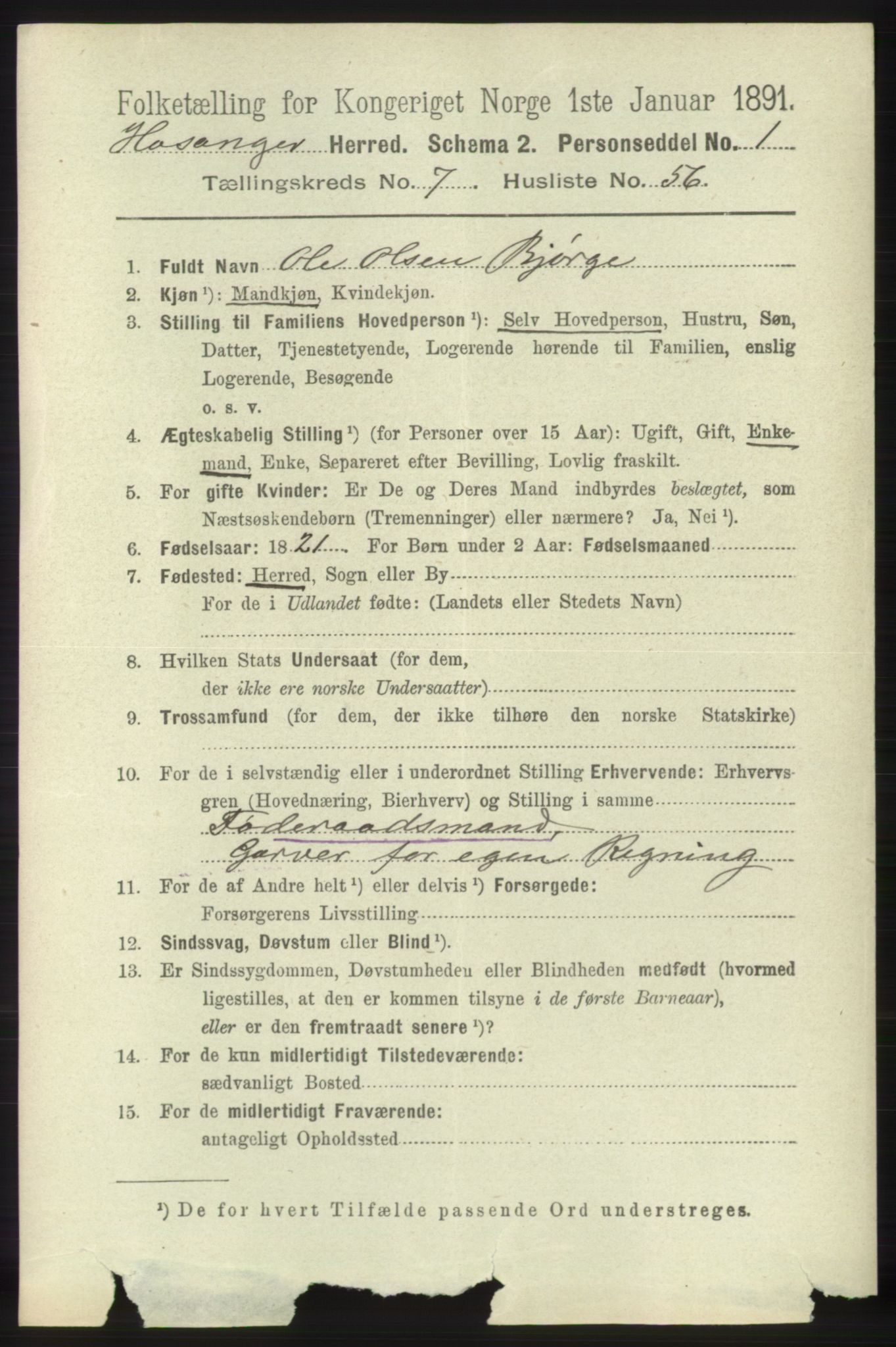 RA, 1891 census for 1253 Hosanger, 1891, p. 2899