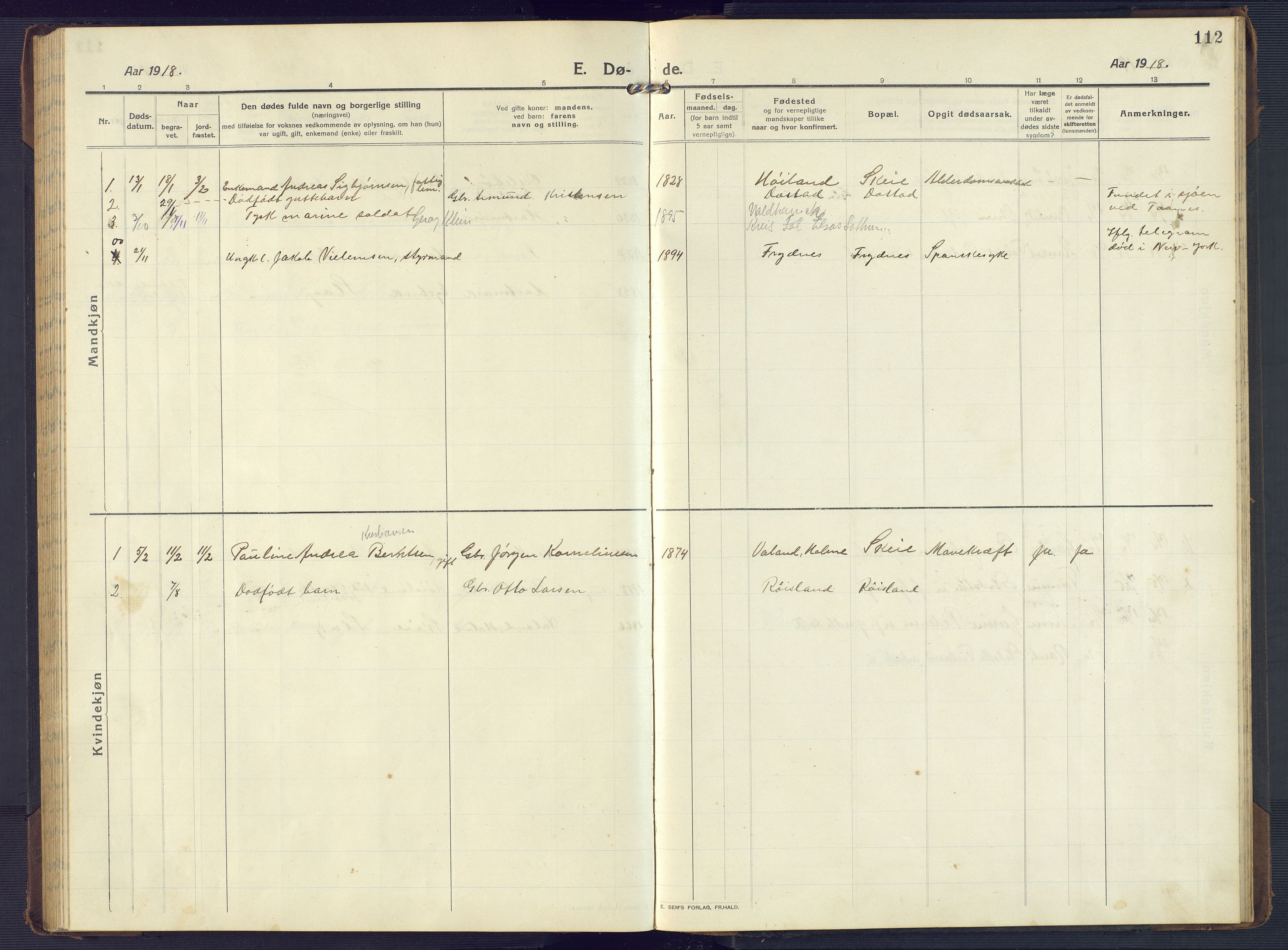 Mandal sokneprestkontor, SAK/1111-0030/F/Fb/Fbb/L0005: Parish register (copy) no. B 5, 1913-1957, p. 112