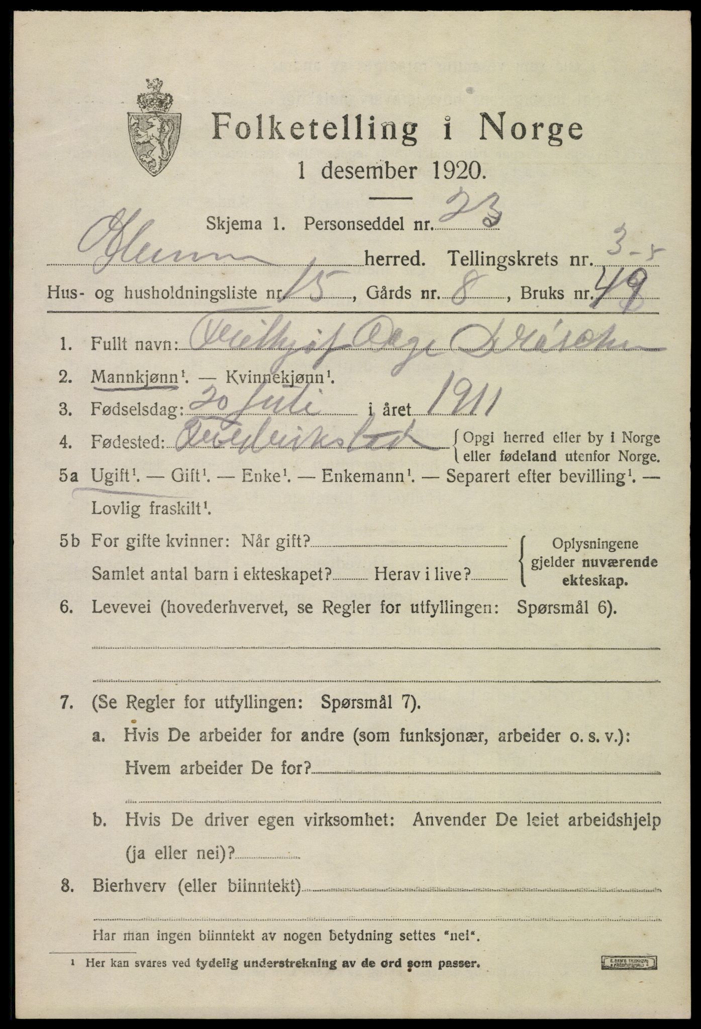 SAO, 1920 census for Glemmen, 1920, p. 8167