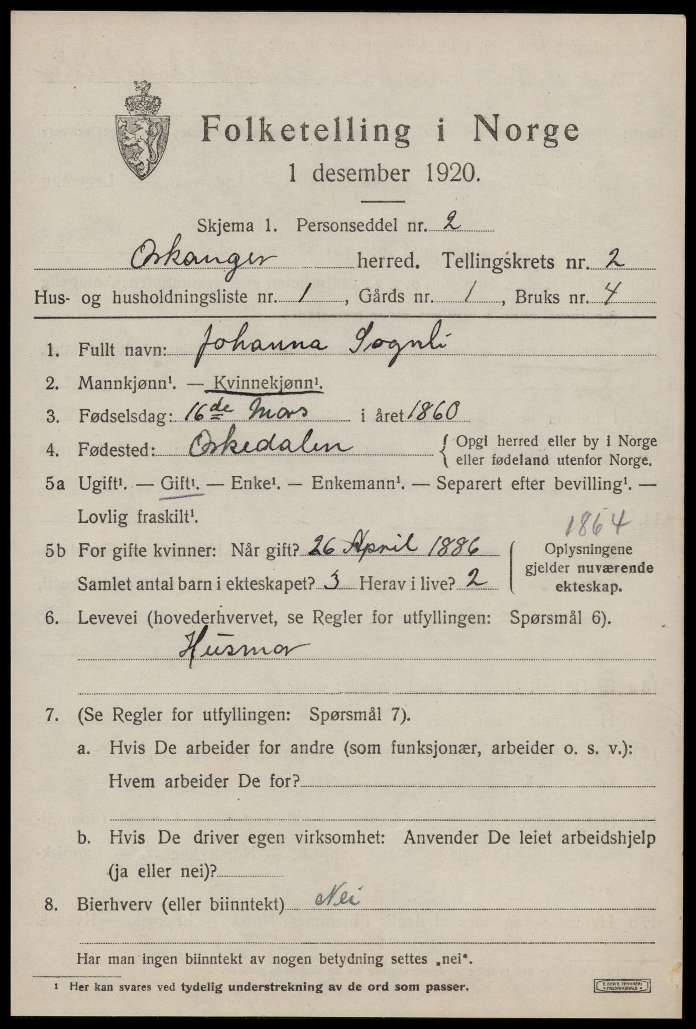 SAT, 1920 census for Orkanger, 1920, p. 1195