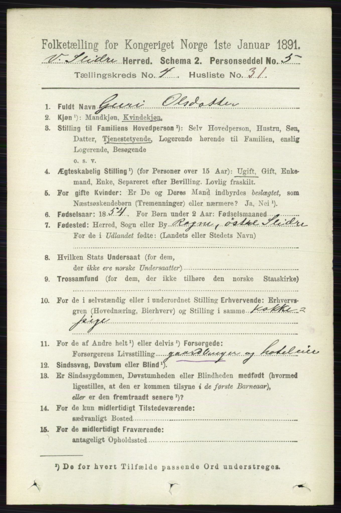 RA, 1891 census for 0543 Vestre Slidre, 1891, p. 1435