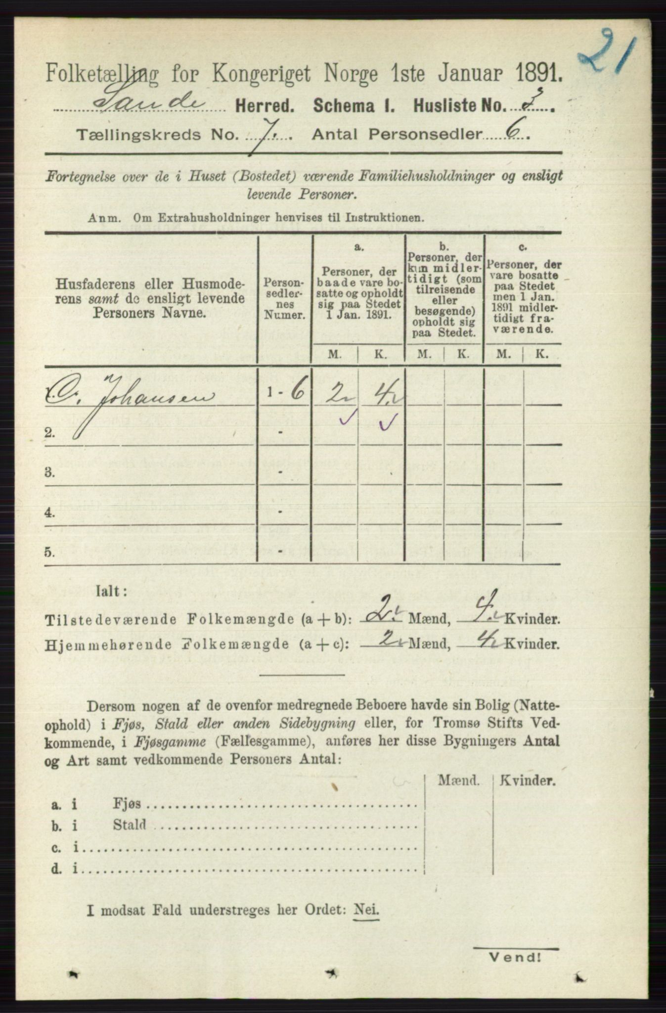 RA, 1891 census for 0713 Sande, 1891, p. 3082