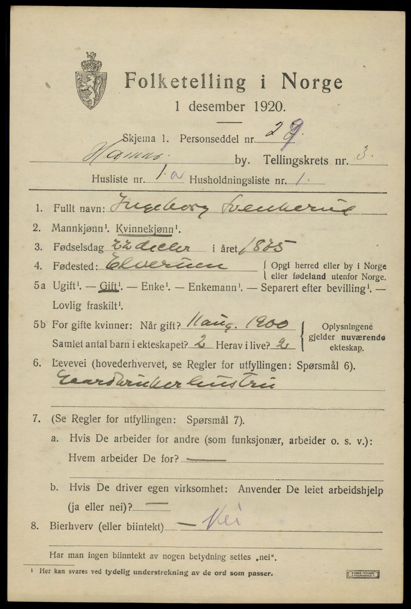 SAH, 1920 census for Hamar, 1920, p. 6767