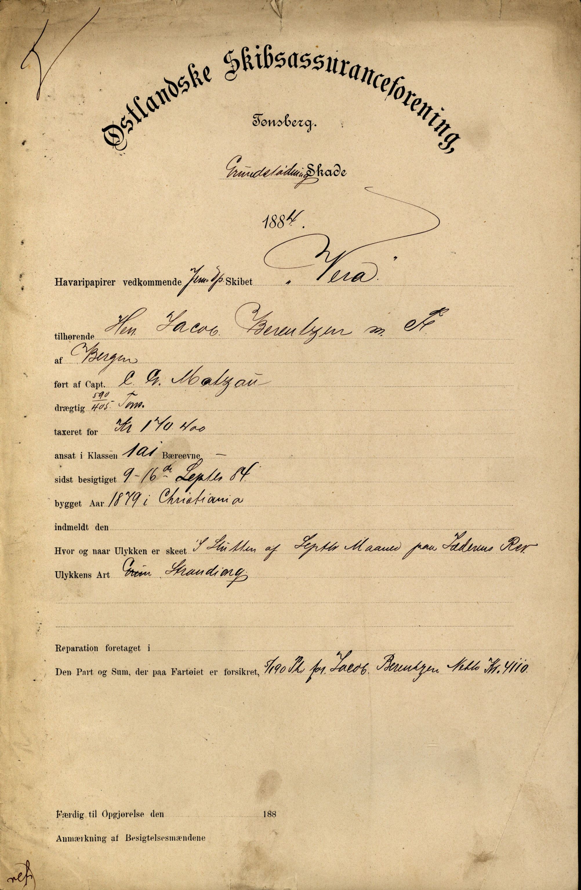 Pa 63 - Østlandske skibsassuranceforening, VEMU/A-1079/G/Ga/L0017/0014: Havaridokumenter / Petrus, Vera, Venus, Iphigenia, Jarlsberg, Harmonia, 1884, p. 2