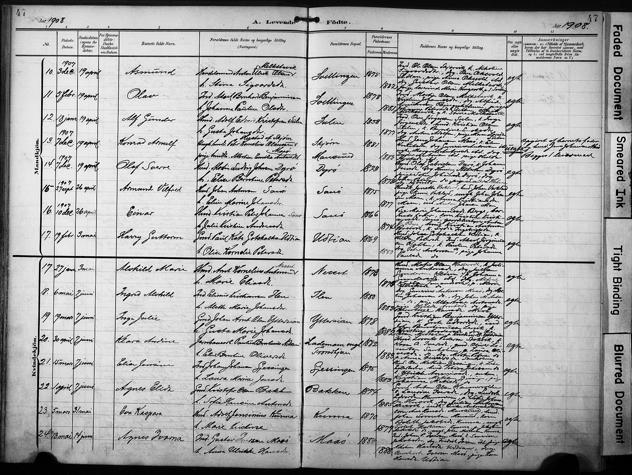 Ministerialprotokoller, klokkerbøker og fødselsregistre - Sør-Trøndelag, AV/SAT-A-1456/640/L0580: Parish register (official) no. 640A05, 1902-1910, p. 47