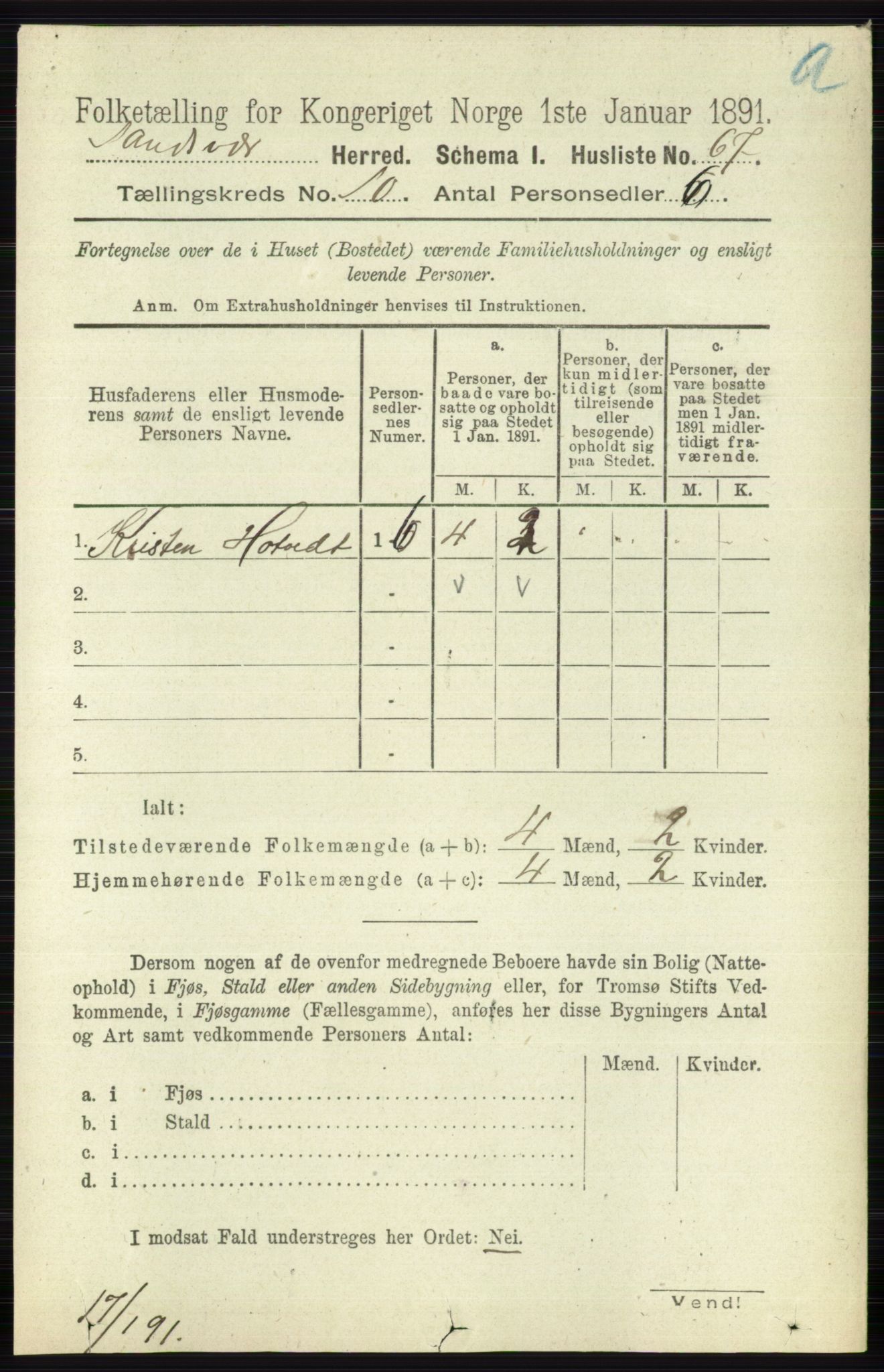 RA, 1891 census for 0629 Sandsvær, 1891, p. 4903