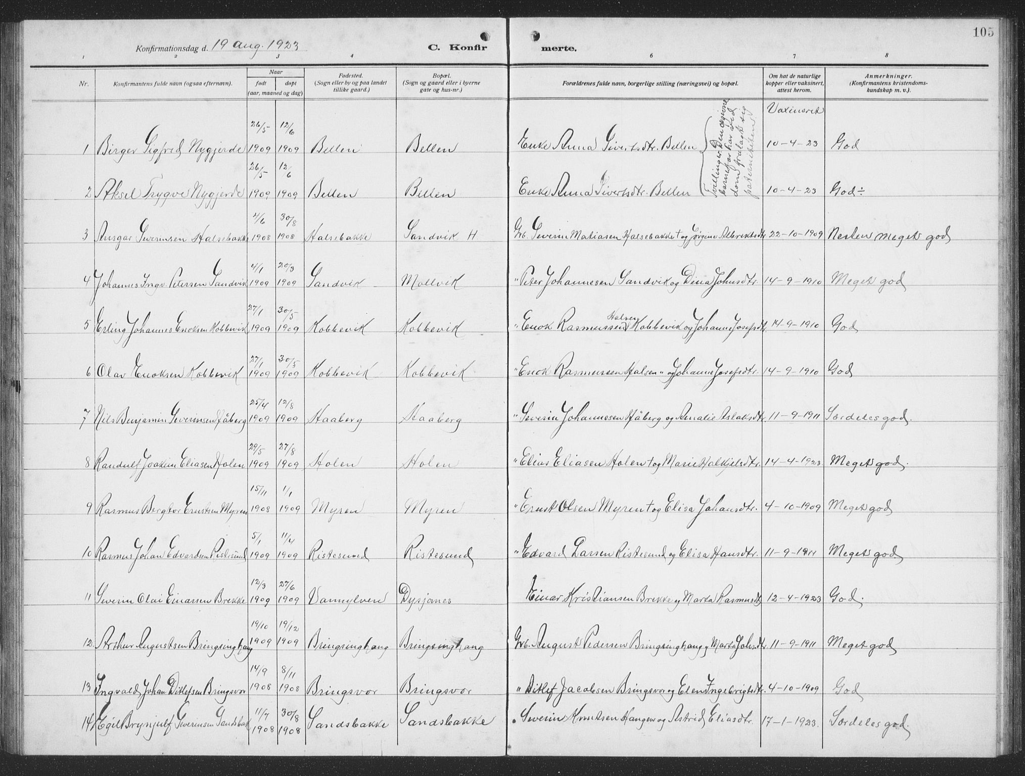 Ministerialprotokoller, klokkerbøker og fødselsregistre - Møre og Romsdal, SAT/A-1454/503/L0051: Parish register (copy) no. 503C06, 1923-1938, p. 105