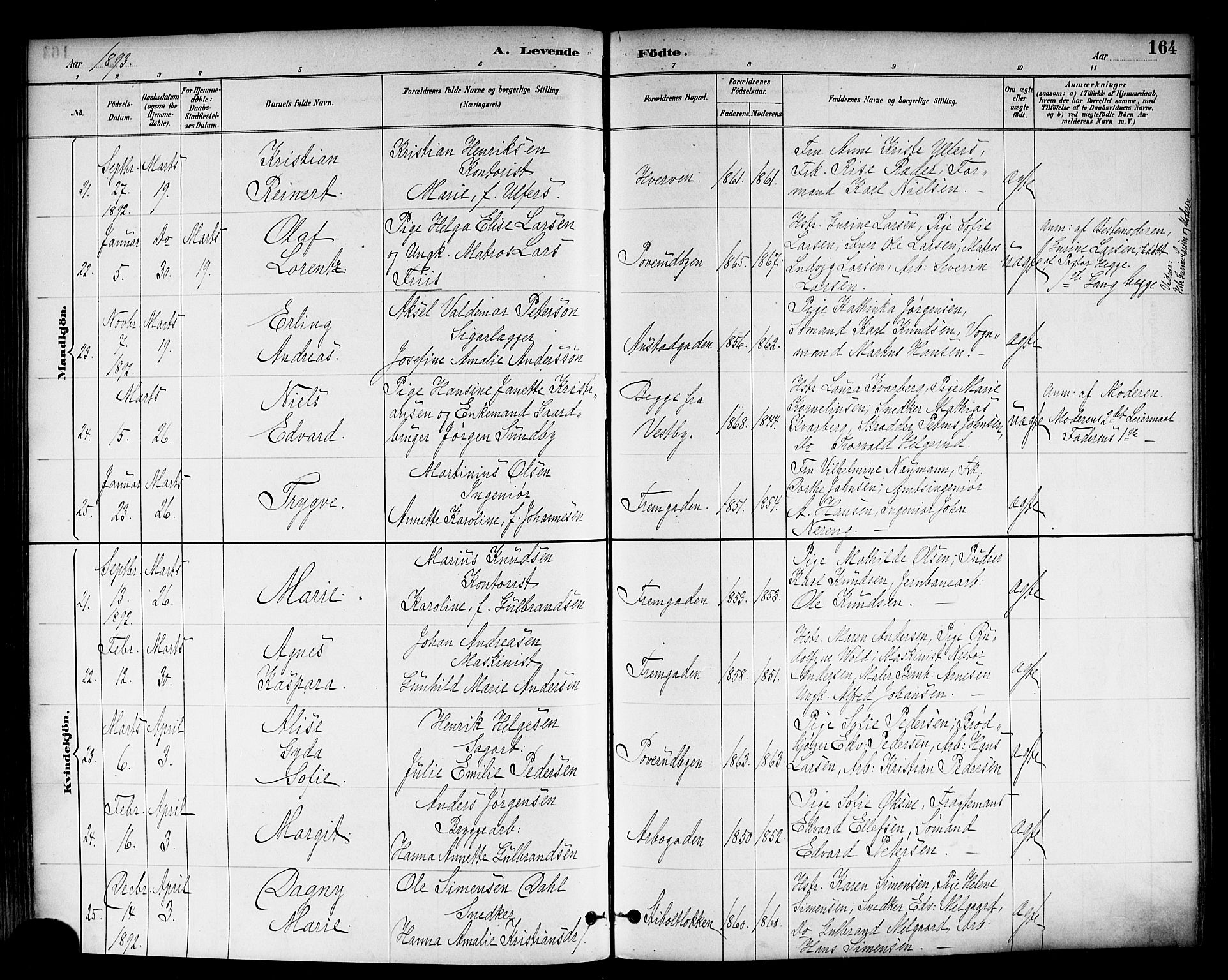 Strømsø kirkebøker, SAKO/A-246/F/Fa/L0023: Parish register (official) no. I 23, 1885-1894, p. 164