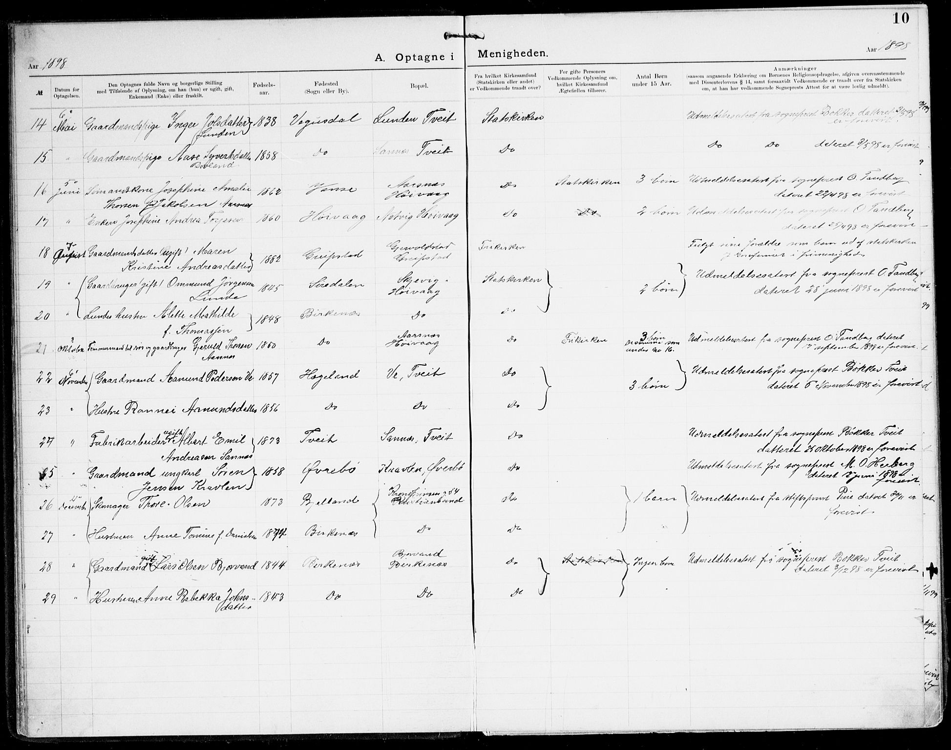 Den evangelisk-lutherske frikirke, Kristiansand, AV/SAK-1292-0017/F/Fa/L0003: Dissenter register no. F 11, 1892-1925, p. 10