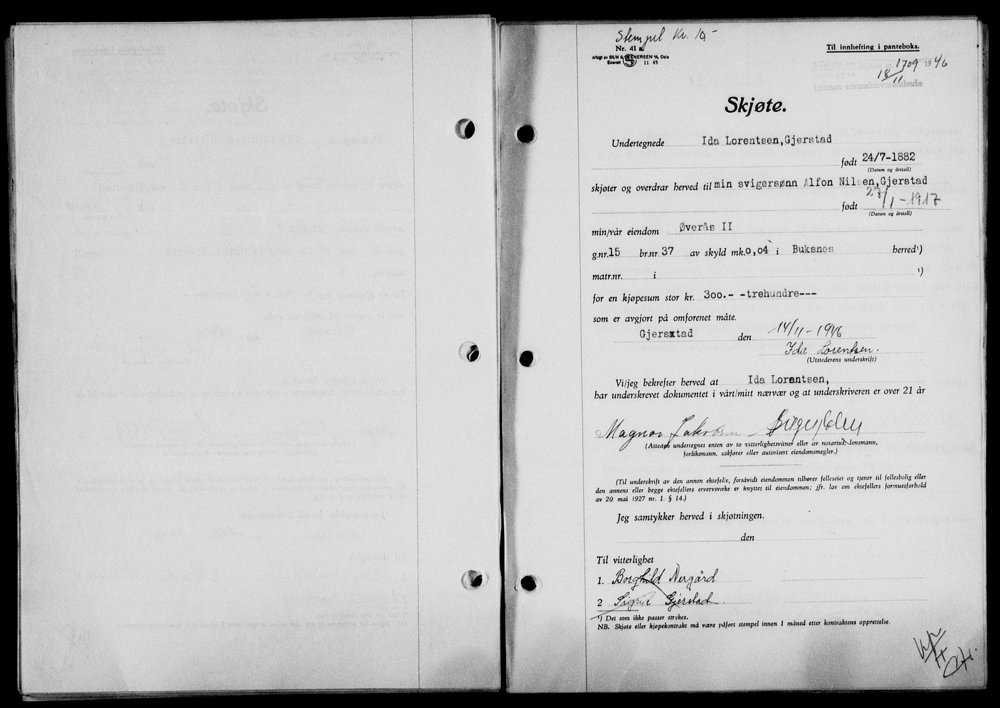 Lofoten sorenskriveri, SAT/A-0017/1/2/2C/L0015a: Mortgage book no. 15a, 1946-1947, Diary no: : 1709/1946