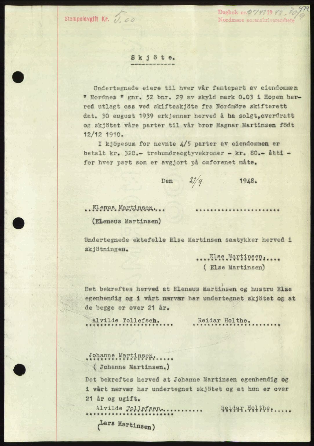 Nordmøre sorenskriveri, AV/SAT-A-4132/1/2/2Ca: Mortgage book no. A109, 1948-1948, Diary no: : 2748/1948