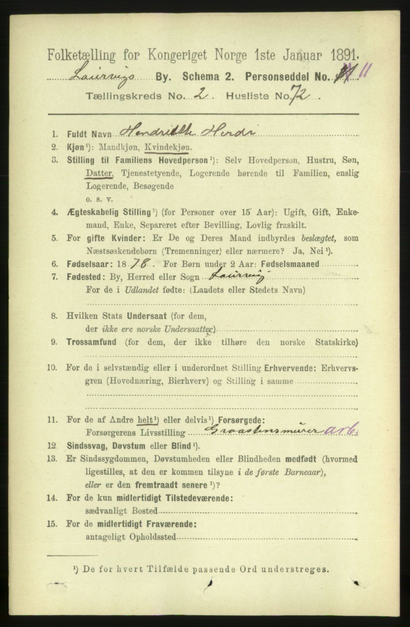 RA, 1891 census for 0707 Larvik, 1891, p. 4116