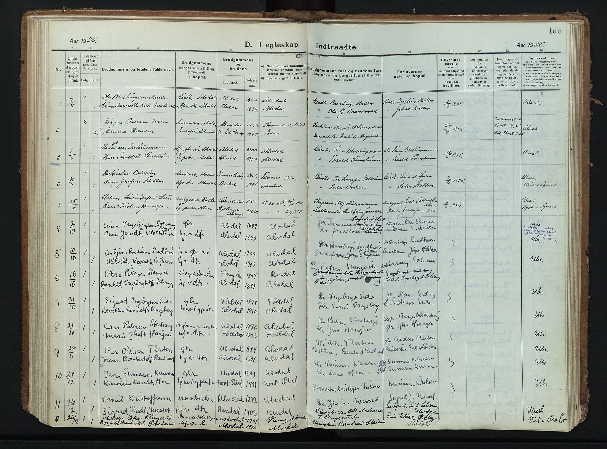 Alvdal prestekontor, SAH/PREST-060/H/Ha/Haa/L0006: Parish register (official) no. 6, 1920-1937, p. 166