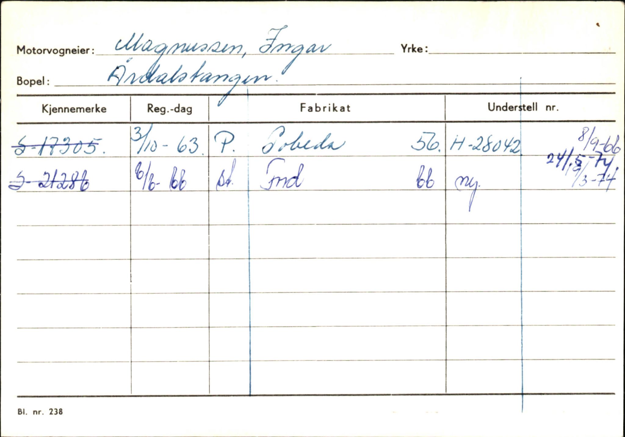 Statens vegvesen, Sogn og Fjordane vegkontor, SAB/A-5301/4/F/L0145: Registerkort Vågsøy S-Å. Årdal I-P, 1945-1975, p. 1615