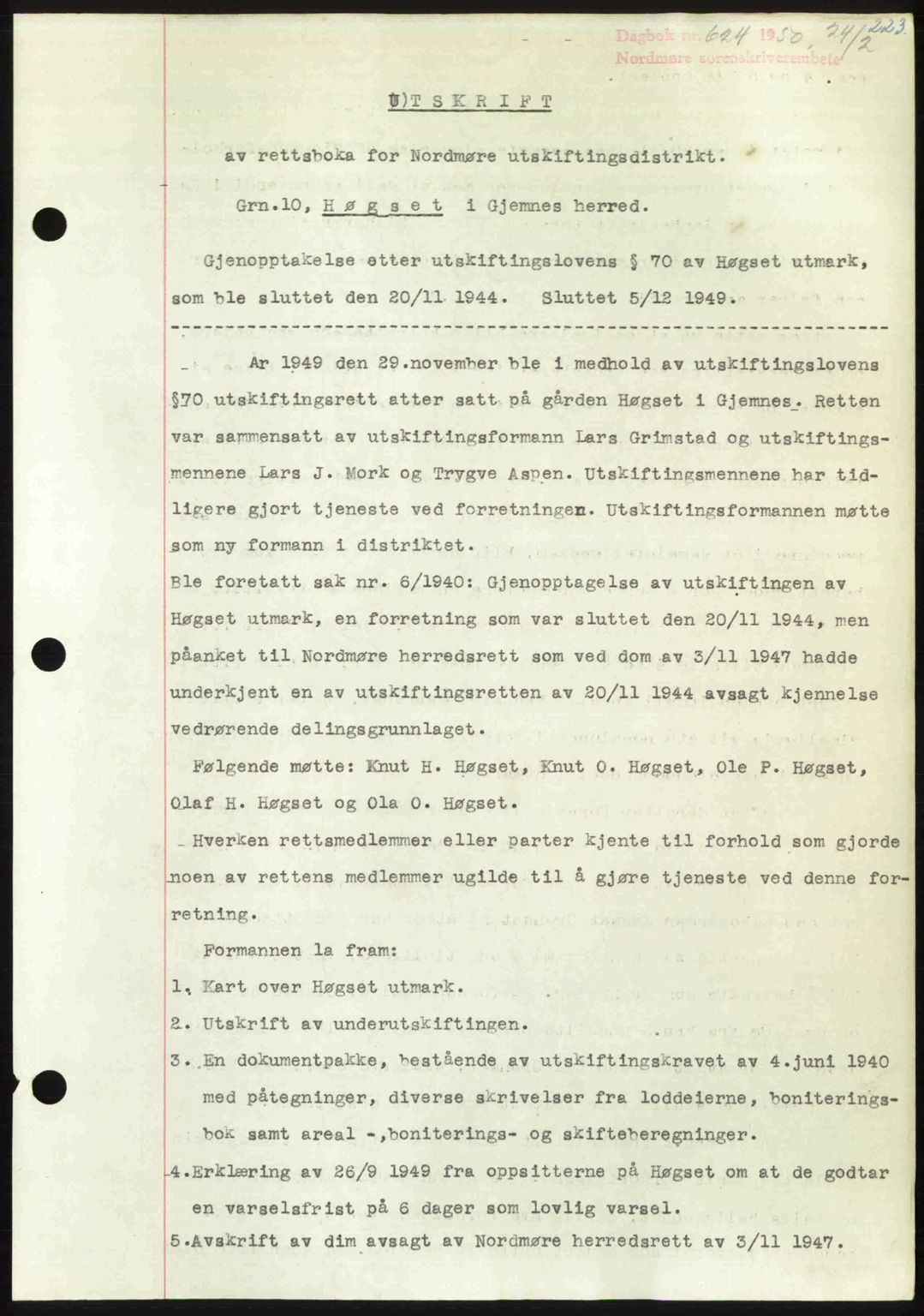 Nordmøre sorenskriveri, AV/SAT-A-4132/1/2/2Ca: Mortgage book no. A114, 1950-1950, Diary no: : 624/1950