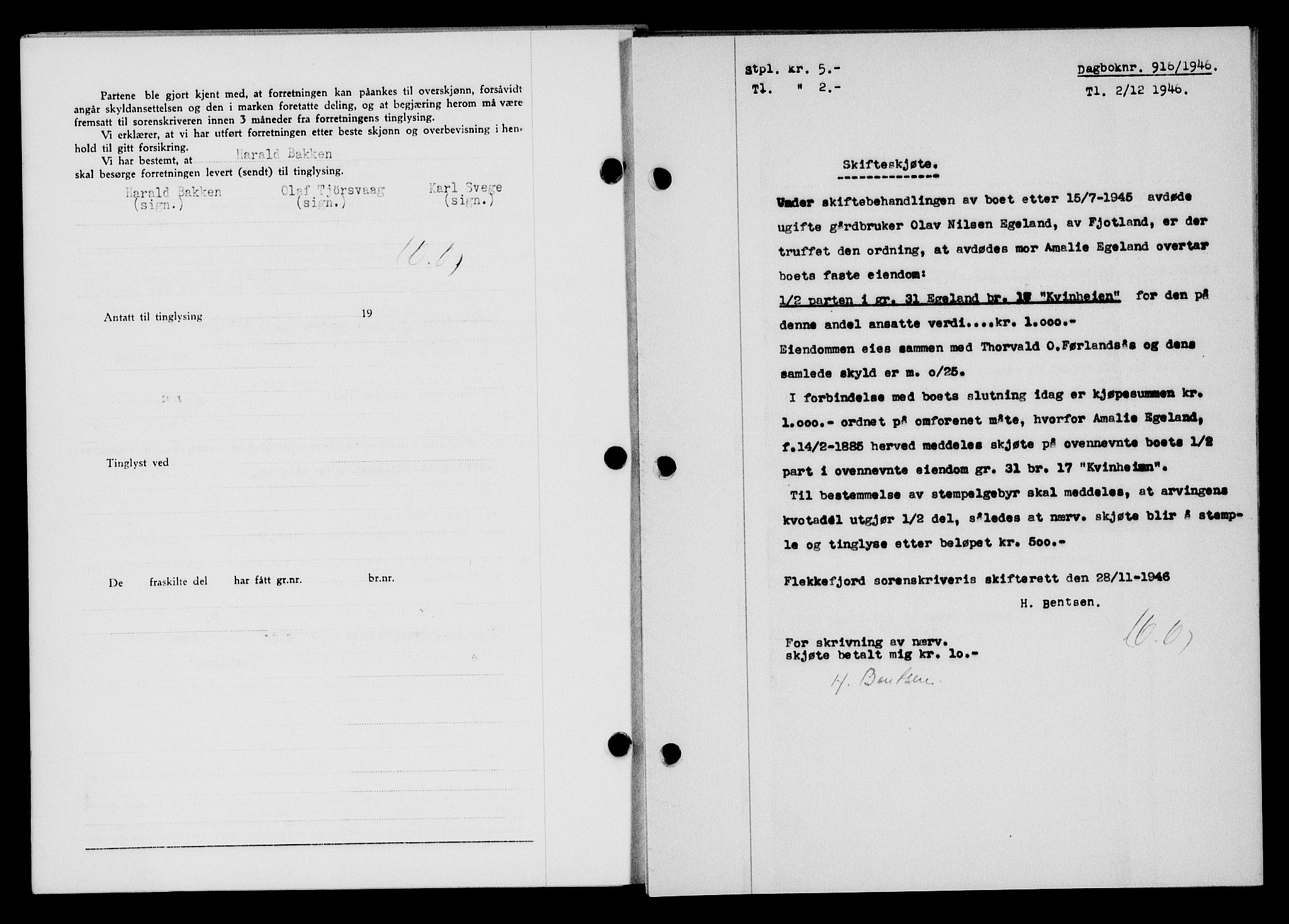 Flekkefjord sorenskriveri, SAK/1221-0001/G/Gb/Gba/L0061: Mortgage book no. A-9, 1946-1947, Diary no: : 916/1946