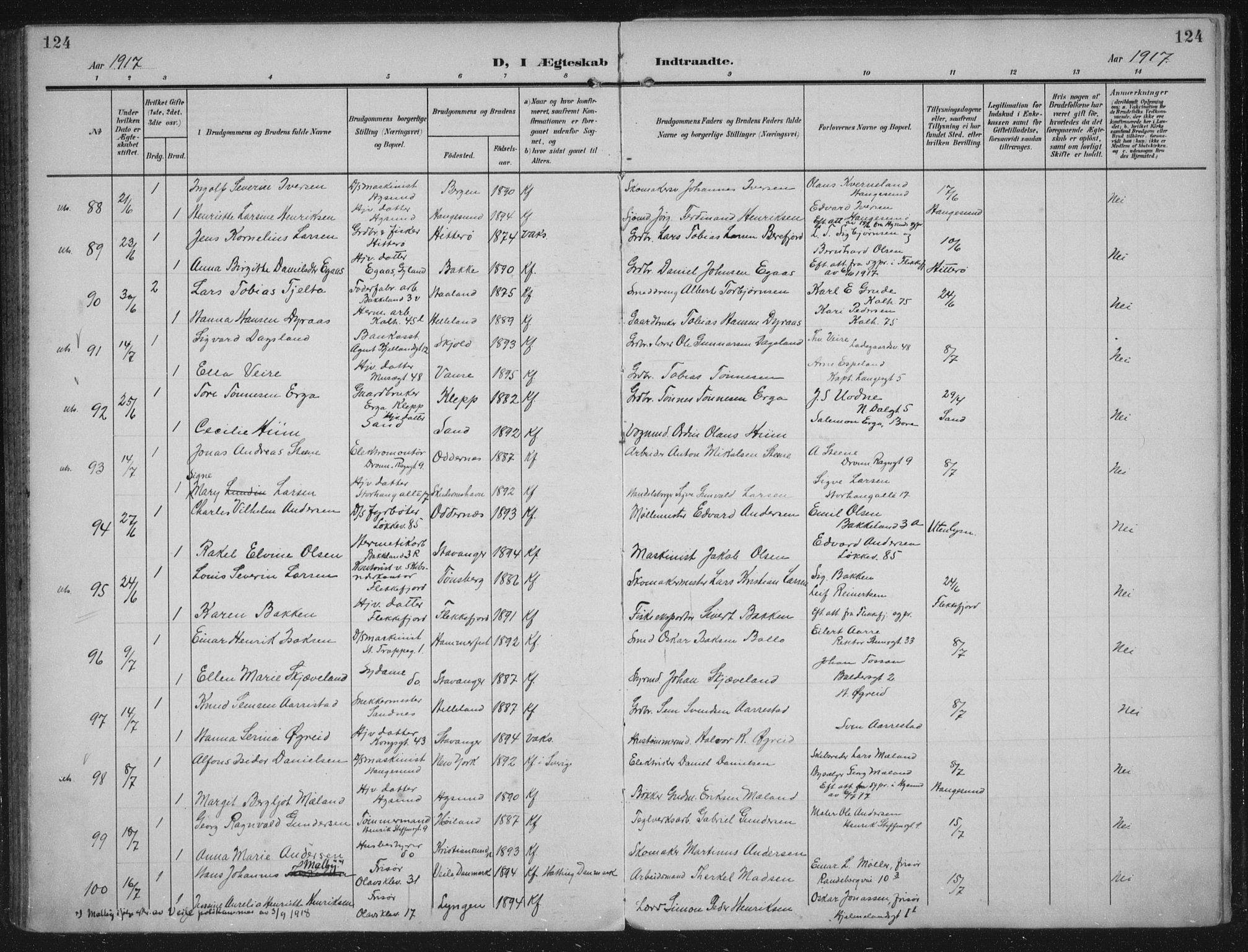 Domkirken sokneprestkontor, AV/SAST-A-101812/002/A/L0016: Parish register (official) no. A 33, 1905-1922, p. 124