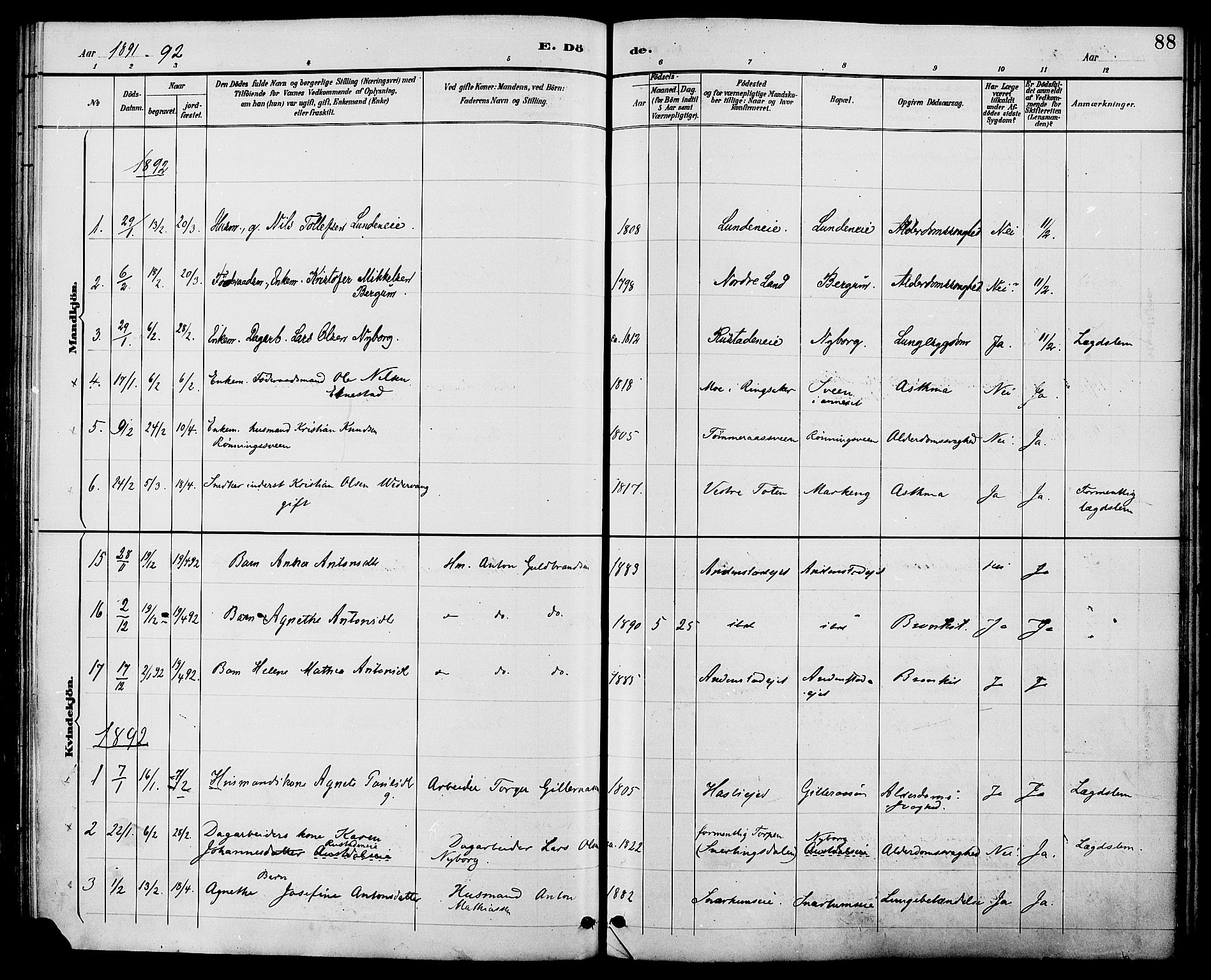 Biri prestekontor, SAH/PREST-096/H/Ha/Haa/L0007: Parish register (official) no. 7, 1887-1893, p. 88