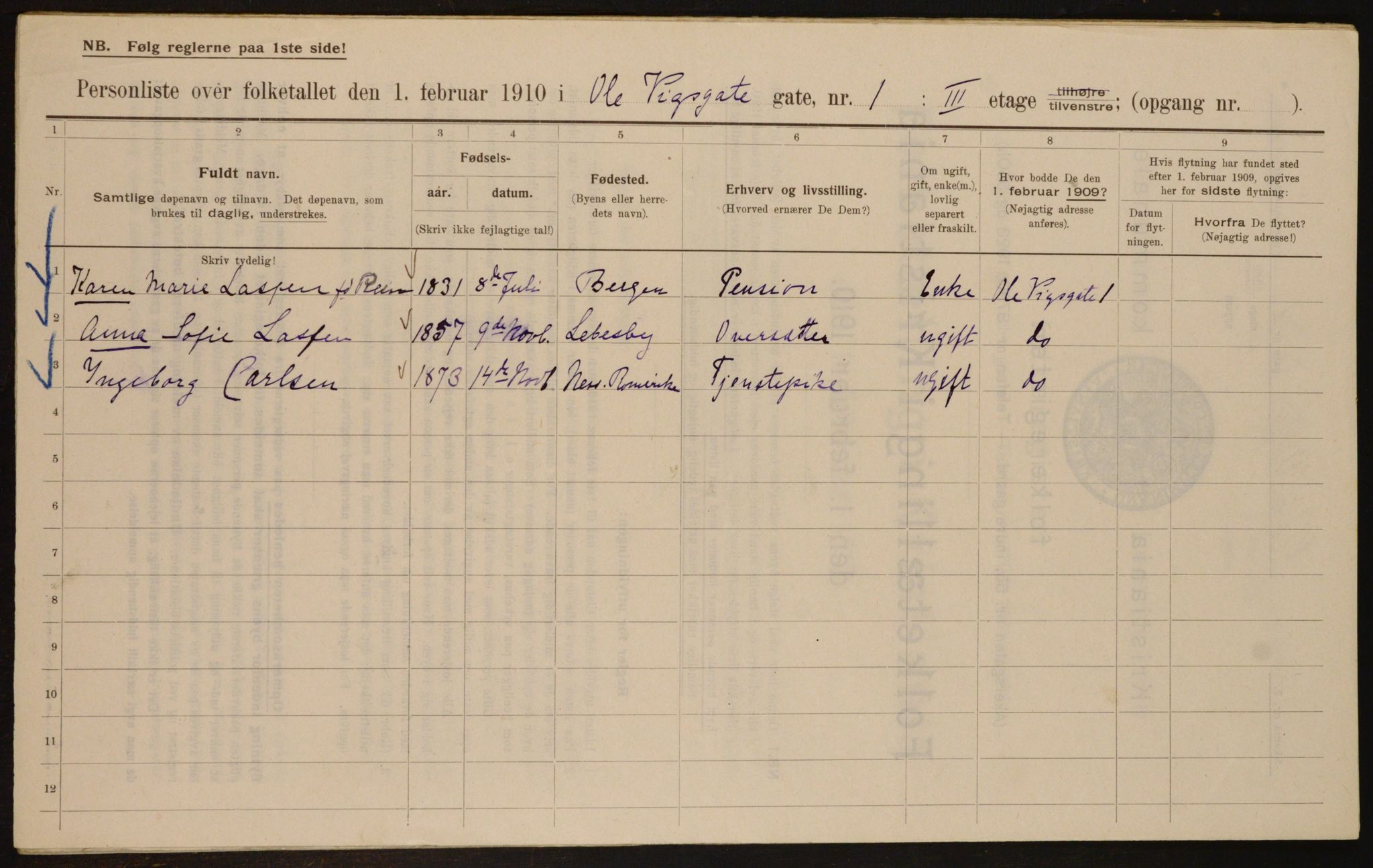 OBA, Municipal Census 1910 for Kristiania, 1910, p. 72700