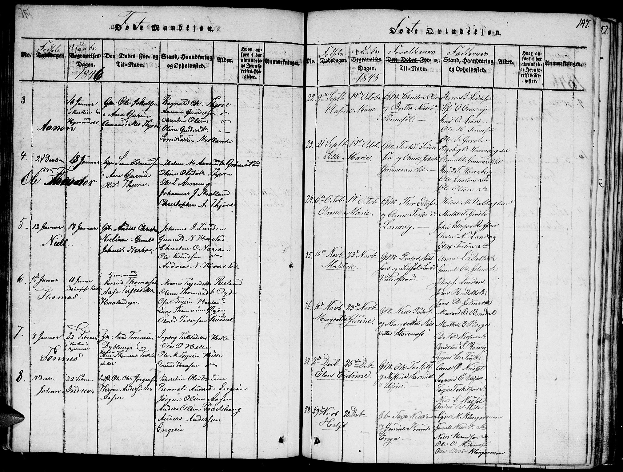 Hommedal sokneprestkontor, SAK/1111-0023/F/Fa/Fab/L0003: Parish register (official) no. A 3, 1815-1848, p. 147