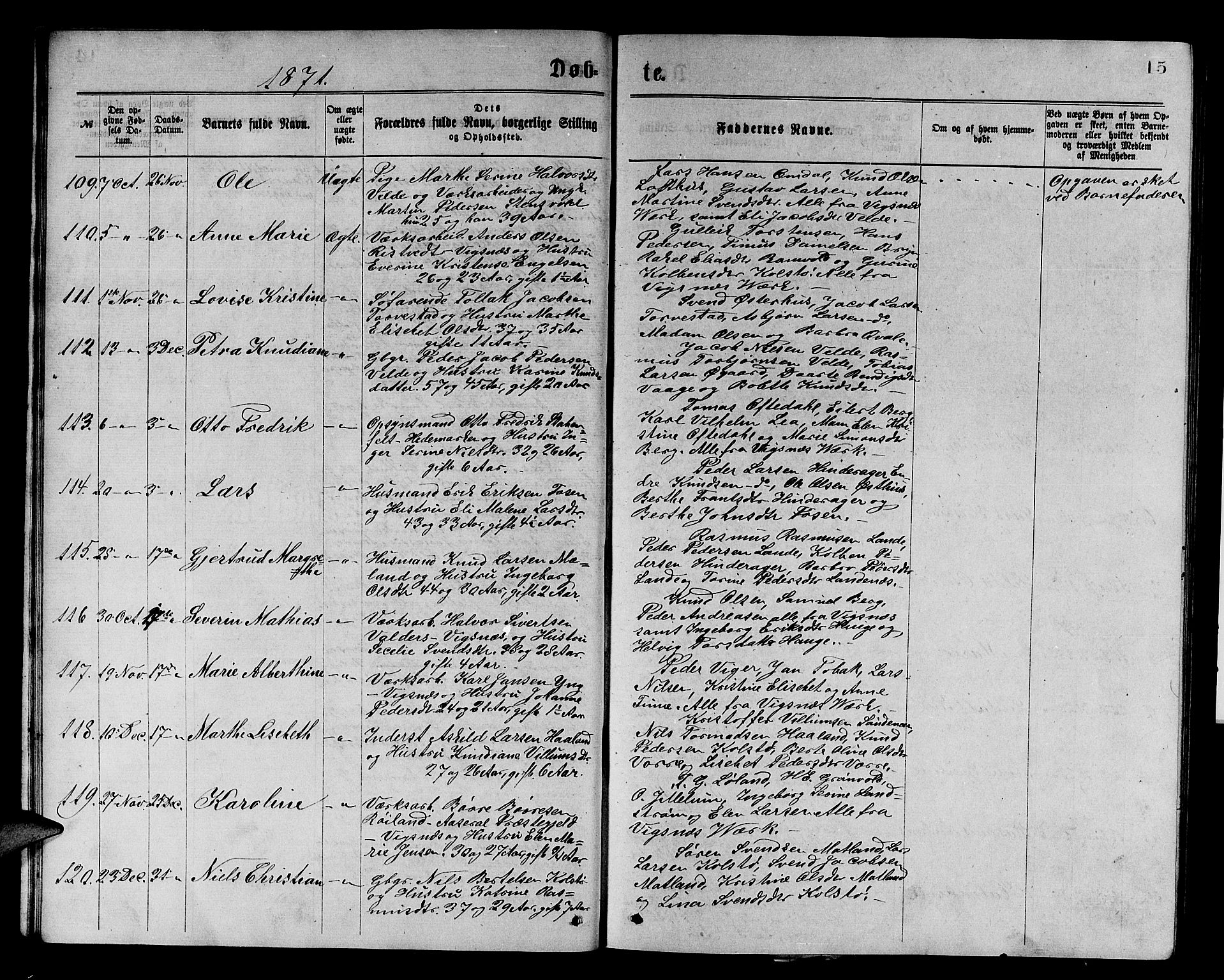 Avaldsnes sokneprestkontor, AV/SAST-A -101851/H/Ha/Hab/L0005: Parish register (copy) no. B 5, 1871-1885, p. 15