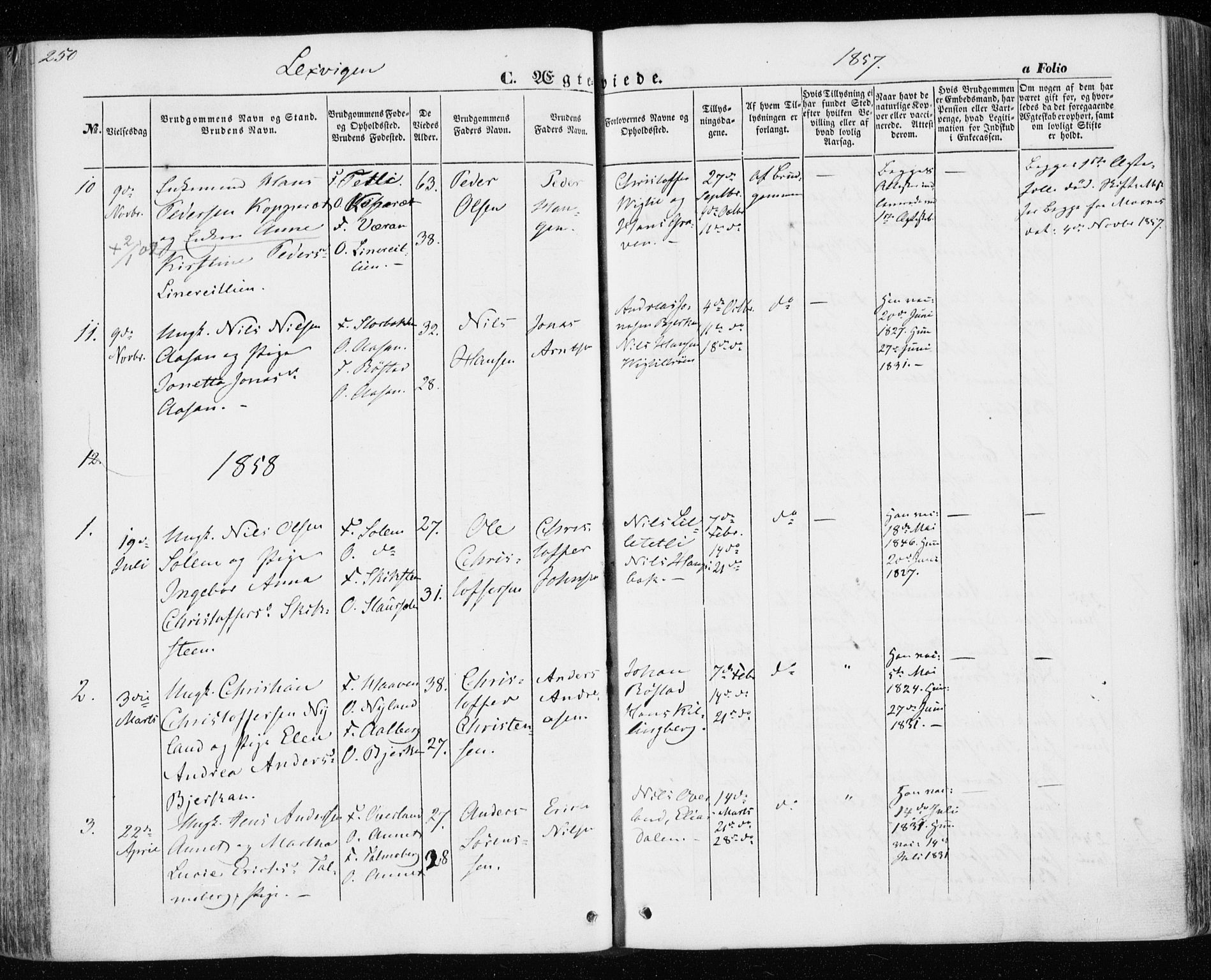 Ministerialprotokoller, klokkerbøker og fødselsregistre - Nord-Trøndelag, SAT/A-1458/701/L0008: Parish register (official) no. 701A08 /1, 1854-1863, p. 250