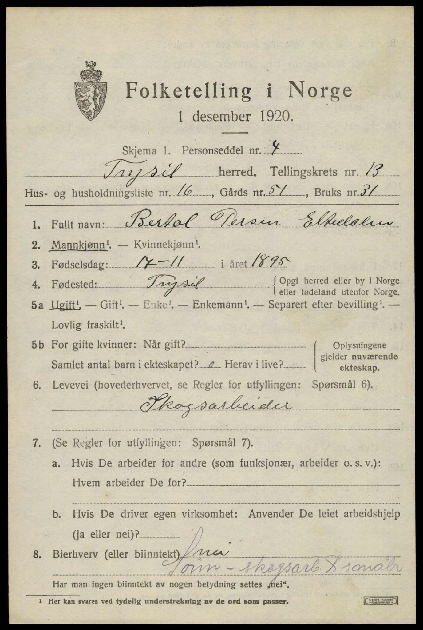 SAH, 1920 census for Trysil, 1920, p. 7847