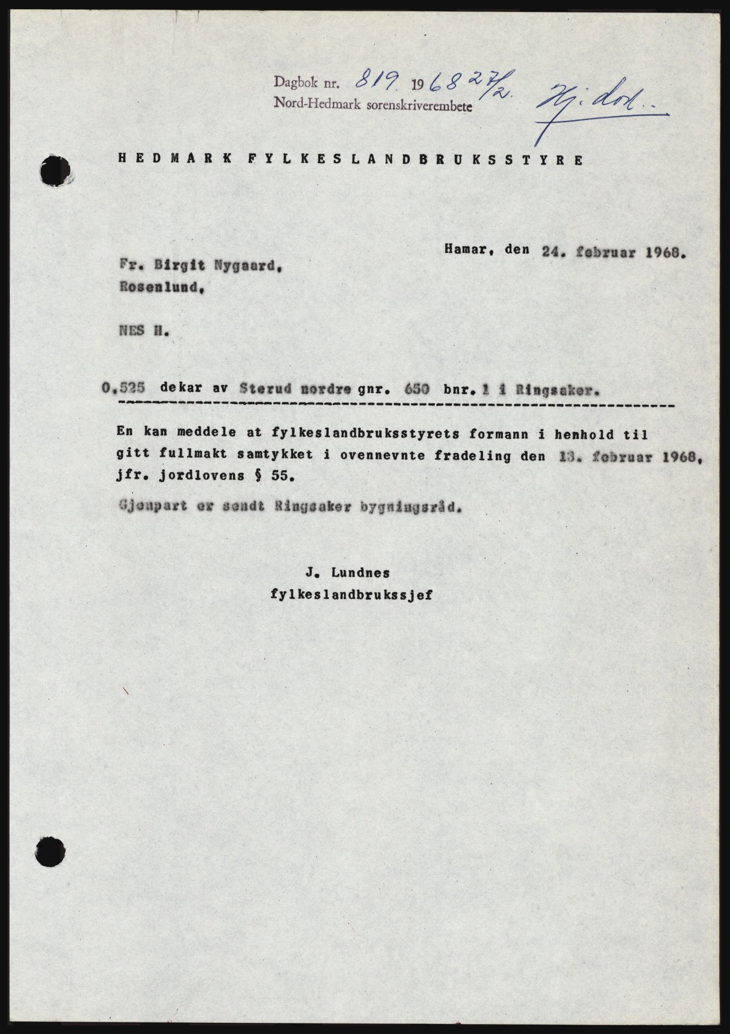 Nord-Hedmark sorenskriveri, SAH/TING-012/H/Hc/L0027: Mortgage book no. 27, 1967-1968, Diary no: : 819/1968