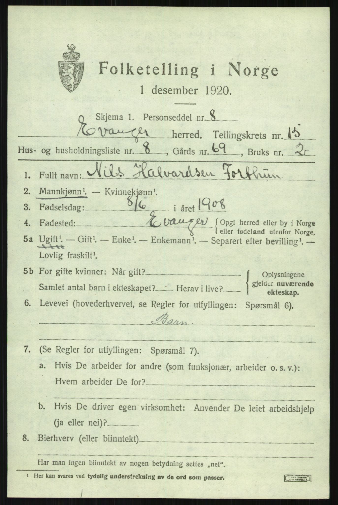 SAB, 1920 census for Evanger, 1920, p. 4235