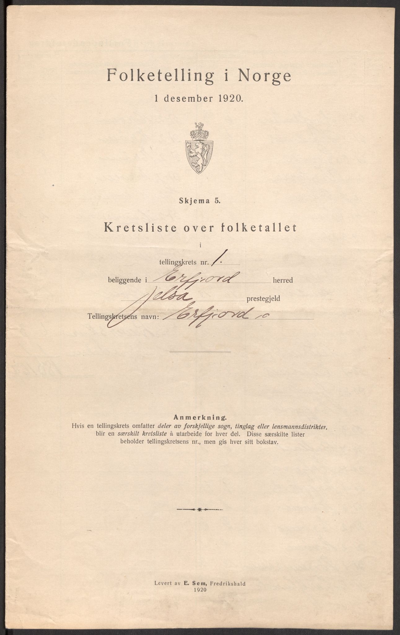 SAST, 1920 census for Erfjord, 1920, p. 7