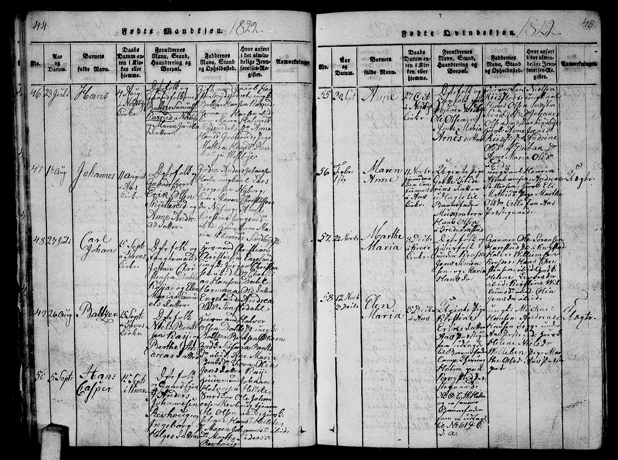 Ås prestekontor Kirkebøker, AV/SAO-A-10894/G/Ga/L0002: Parish register (copy) no. I 2, 1820-1836, p. 44-45