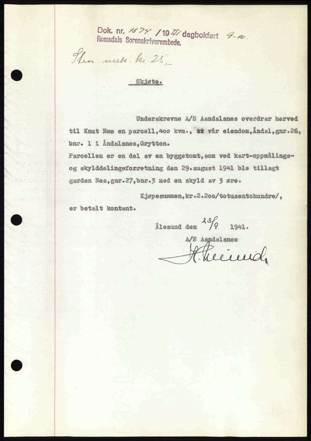 Romsdal sorenskriveri, AV/SAT-A-4149/1/2/2C: Mortgage book no. A11, 1941-1942, Diary no: : 1874/1941