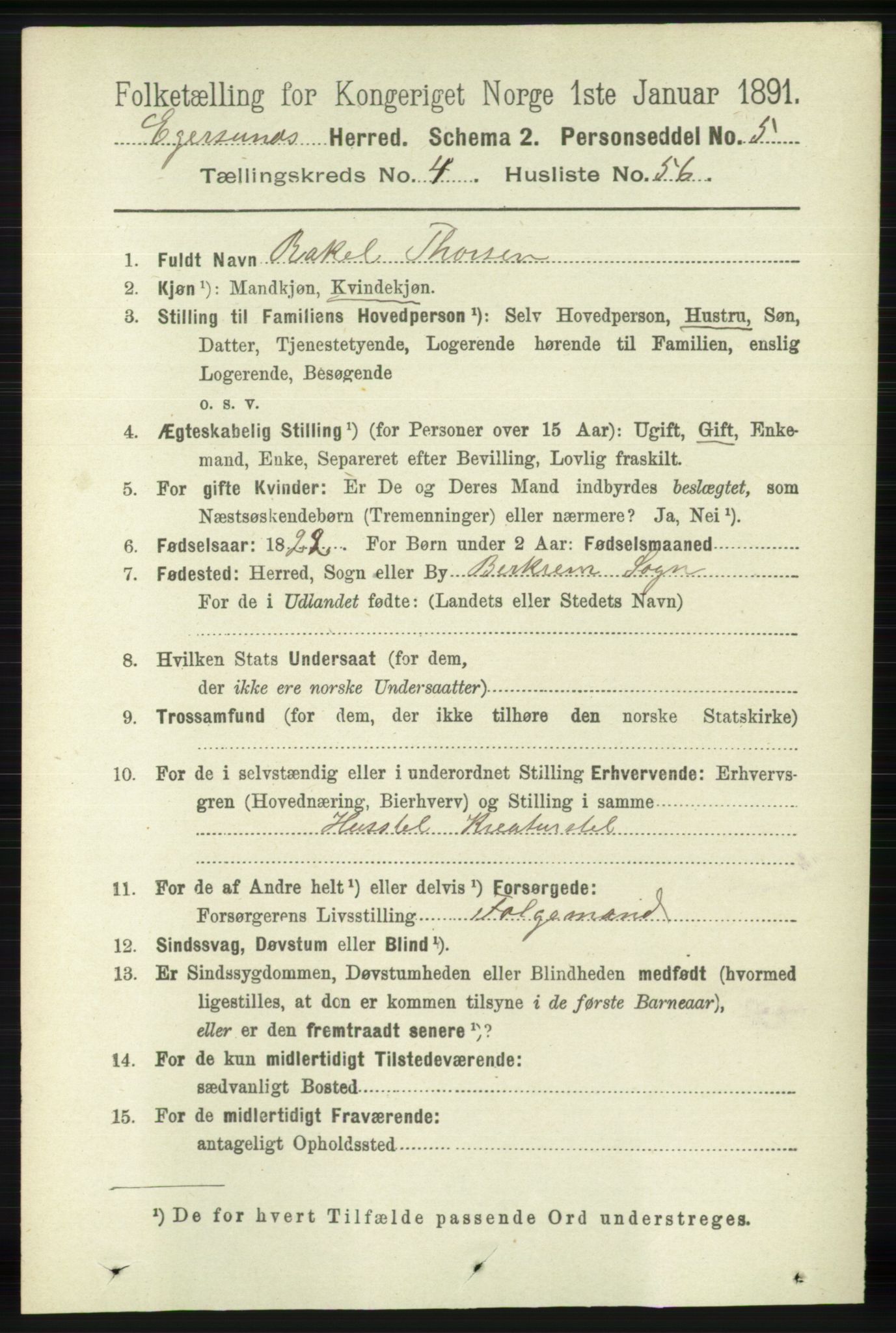 RA, 1891 census for 1116 Eigersund herred, 1891, p. 1999