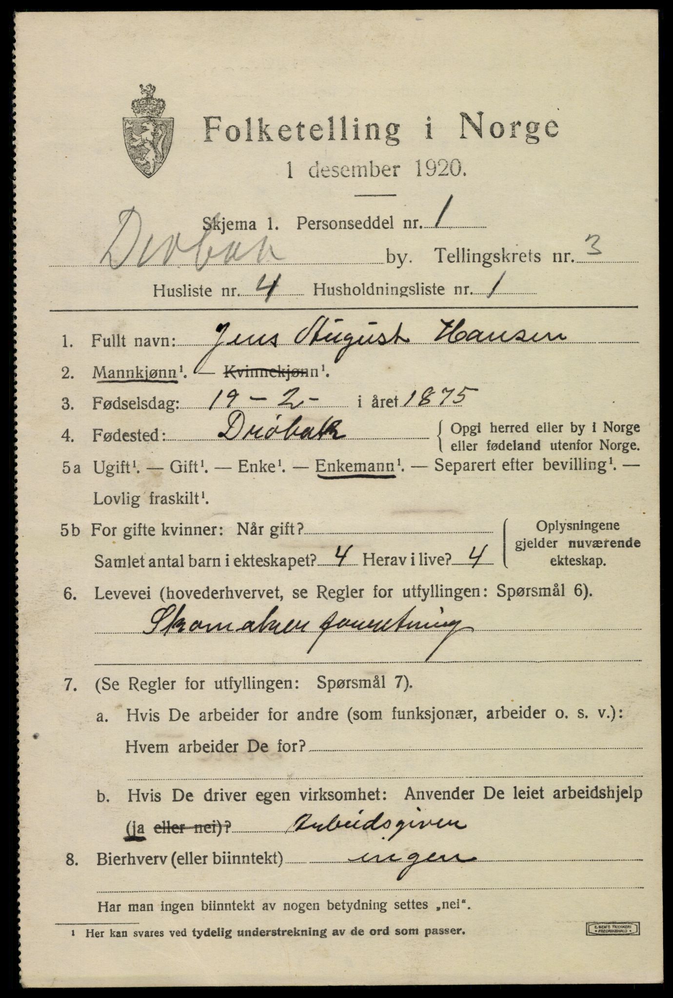 SAO, 1920 census for Drøbak, 1920, p. 3413